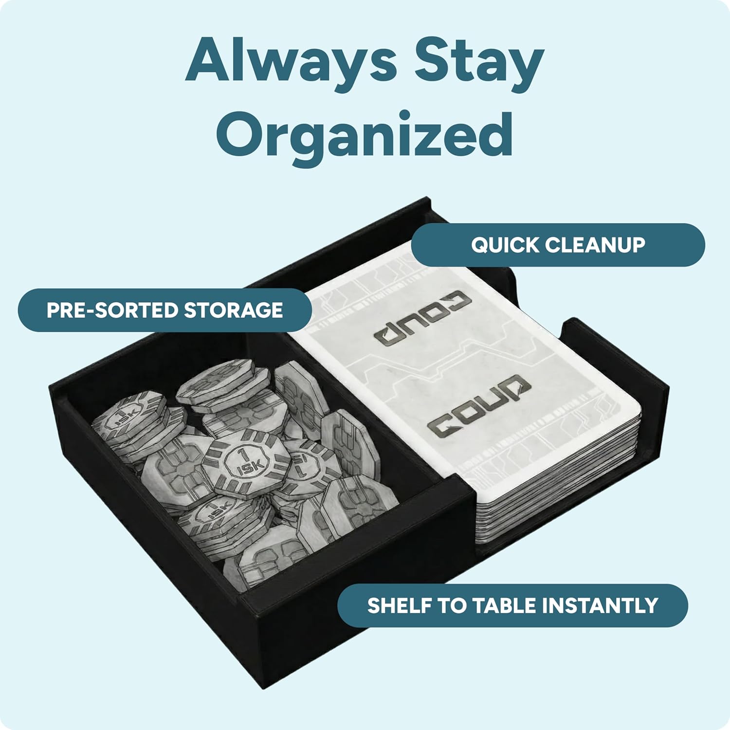 Coup Organizer Insert | Box Storage & Tabletop Card Holder for Coup & Reformation Expansion | Fast Setup Card & Token Tray | Board Game Box Insert Compatible with Indie Card Game Coup