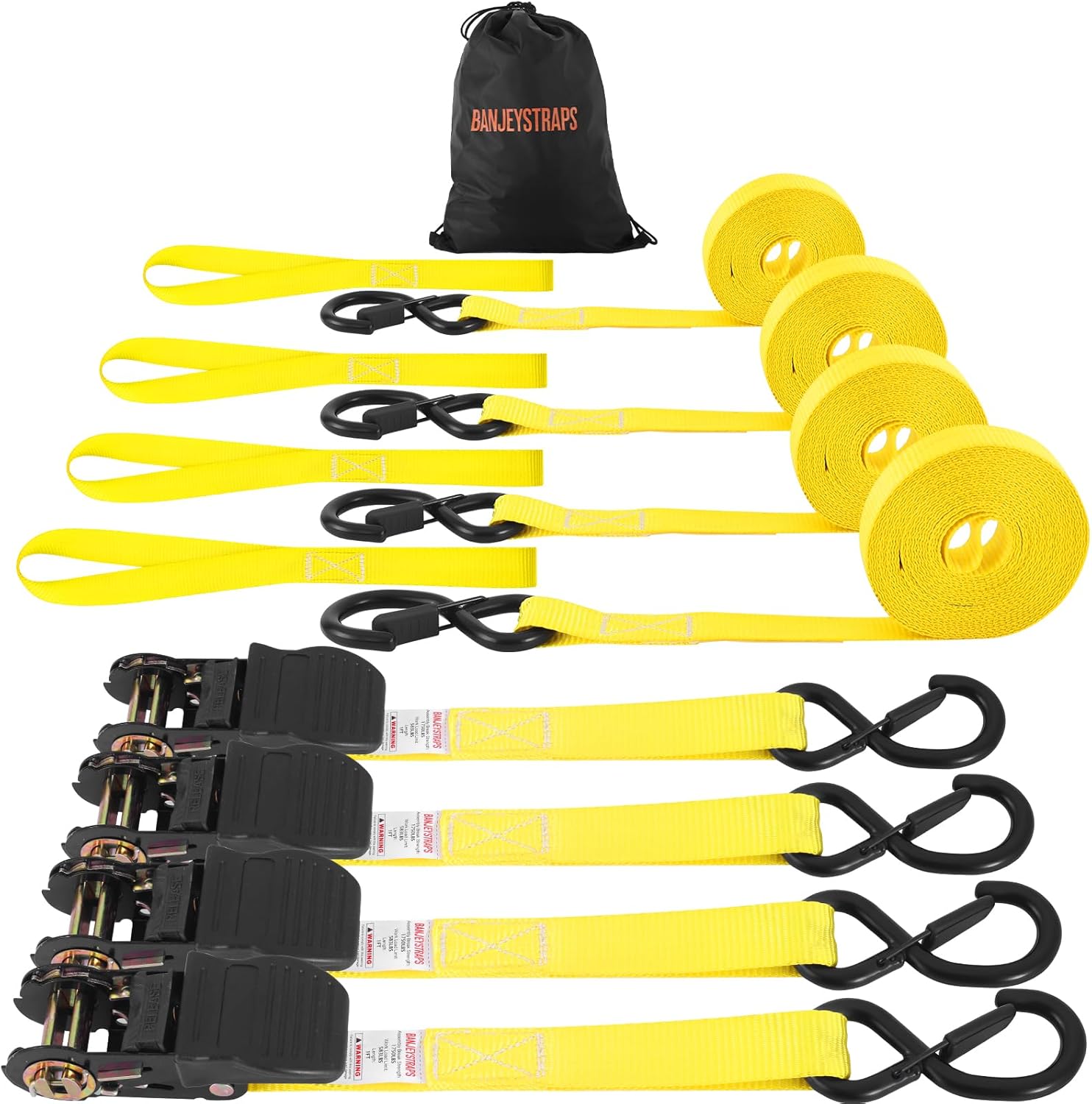 1" x 12' Heavy Duty Ratchet Straps (4-Pack) - 1,750lb Break Strength Yellow Tie Down Straps for Moving, Appliances, Furniture, Motorcycle, Truck & Trailer
