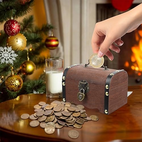 Miniatura 8 de Zerodeko Cofre de madera del tesoro, alcancía, caja de almacenamiento de dinero, caja de almacenamiento de monedas para niños, caja de bloqueo con