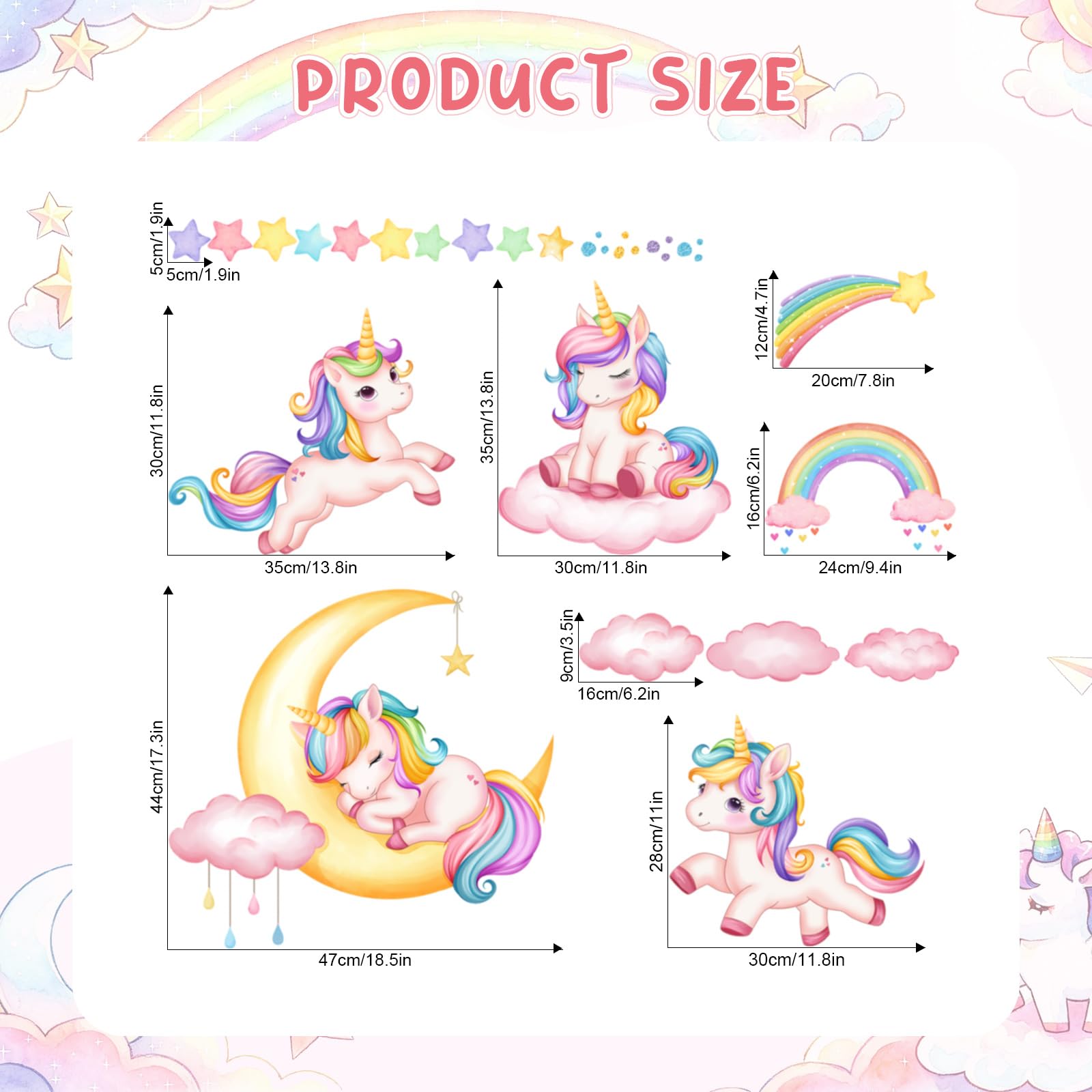 Supzone Pegatinas de Pared Unicornio Arcoíris Grande Vinilos Decorativos | Mural de Acuarela Luna Nubes Estrella Adhesivos Decorativos Pared para Habitación Dormitorio Niña Infantiles Sala de Estar