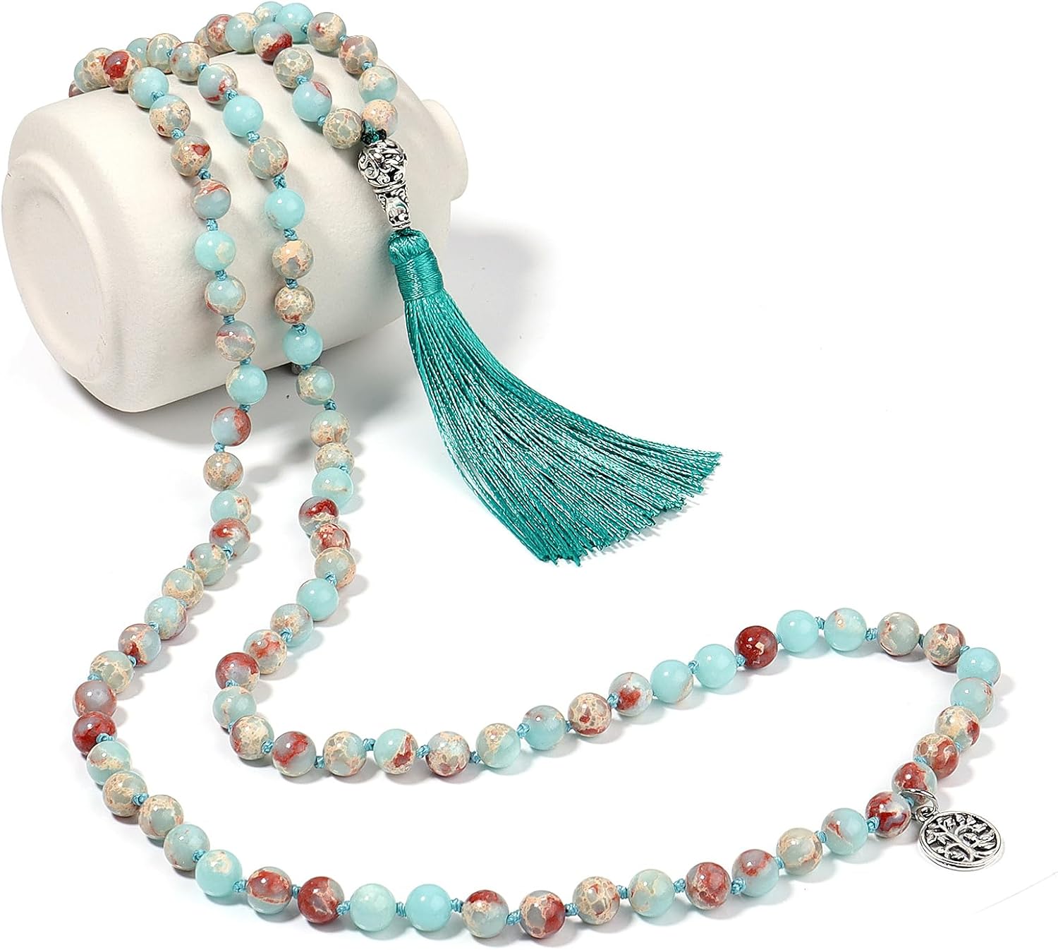 BALIBALI 108 Mala Beads Necklace Semi-Precious Gem Stones Meditation Necklace 108 Hand Knotted Japa Mala Beaded Tassel Necklace with Tree of Life Pendant - Image 3