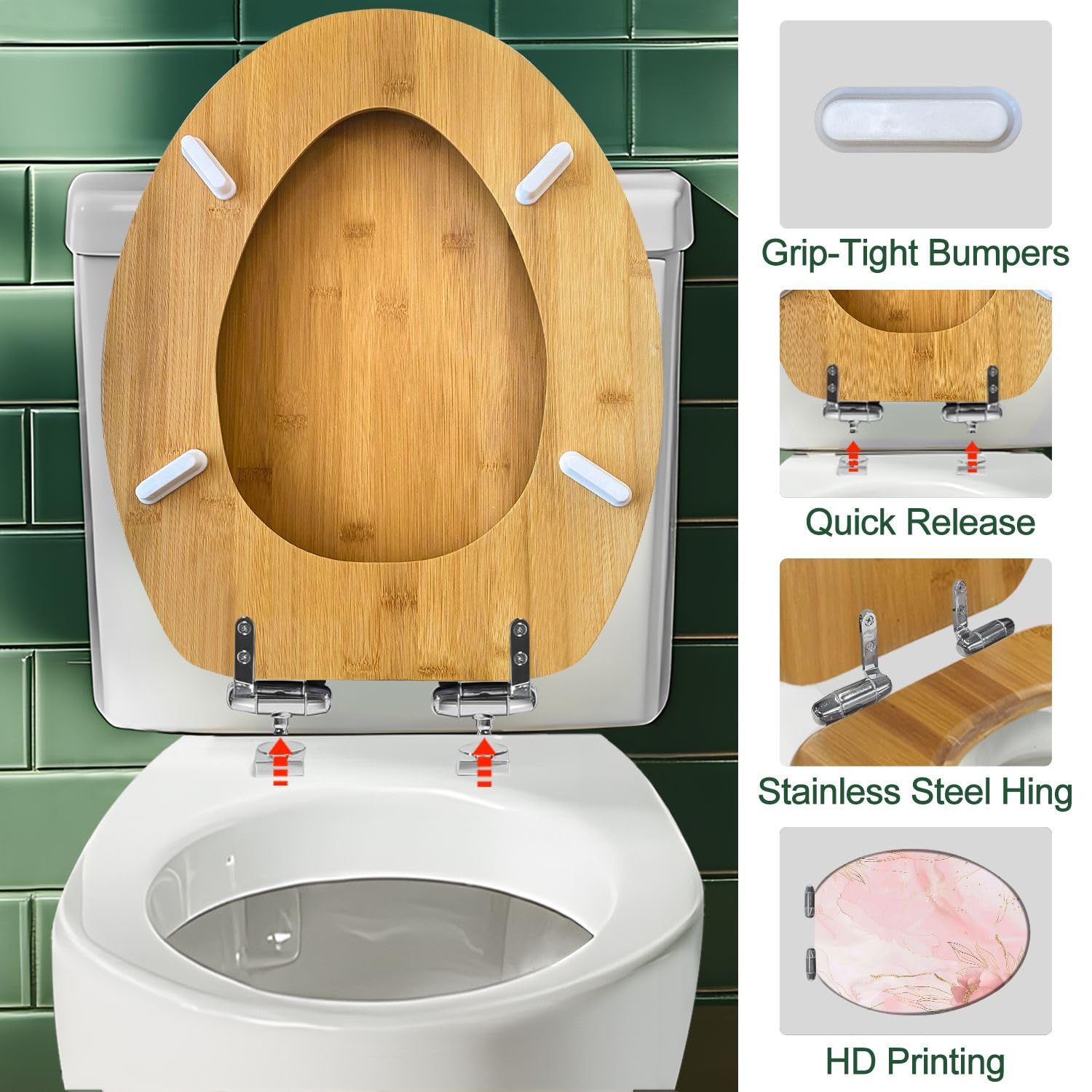 Sedile WC Allungato con Copriwater Dal Design Floreale Astratto, Rosa Cipria E Oro, Facile Da Installare, Chiusura Silenziosa, Cerniere A Sgancio Rapido, Elemento Decorativo per Il Bagno.