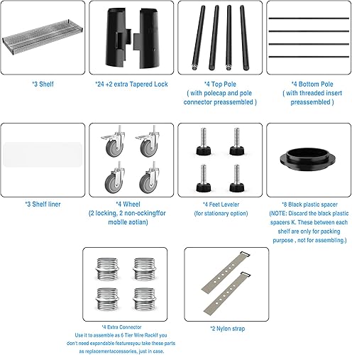Miniatura 5 de Estantería de alambre NSF de 3 niveles, 24 x 72 x 62 pulgadas, 3000 libras de capacidad, estante de almacenamiento ajustable resistente con ruedas