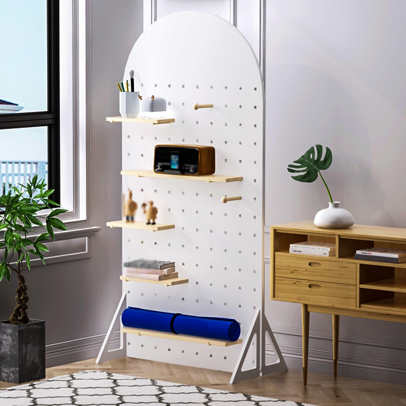 Hölzerner Stecktafel-Ausstellungsständer, kombiniertes bodenstehendes Organizer-Set, Regal für die Ausstellung von Ornamenten mit Lochtafeln, Wandhalter für Steckwerkzeuge, Home-Office (Holz