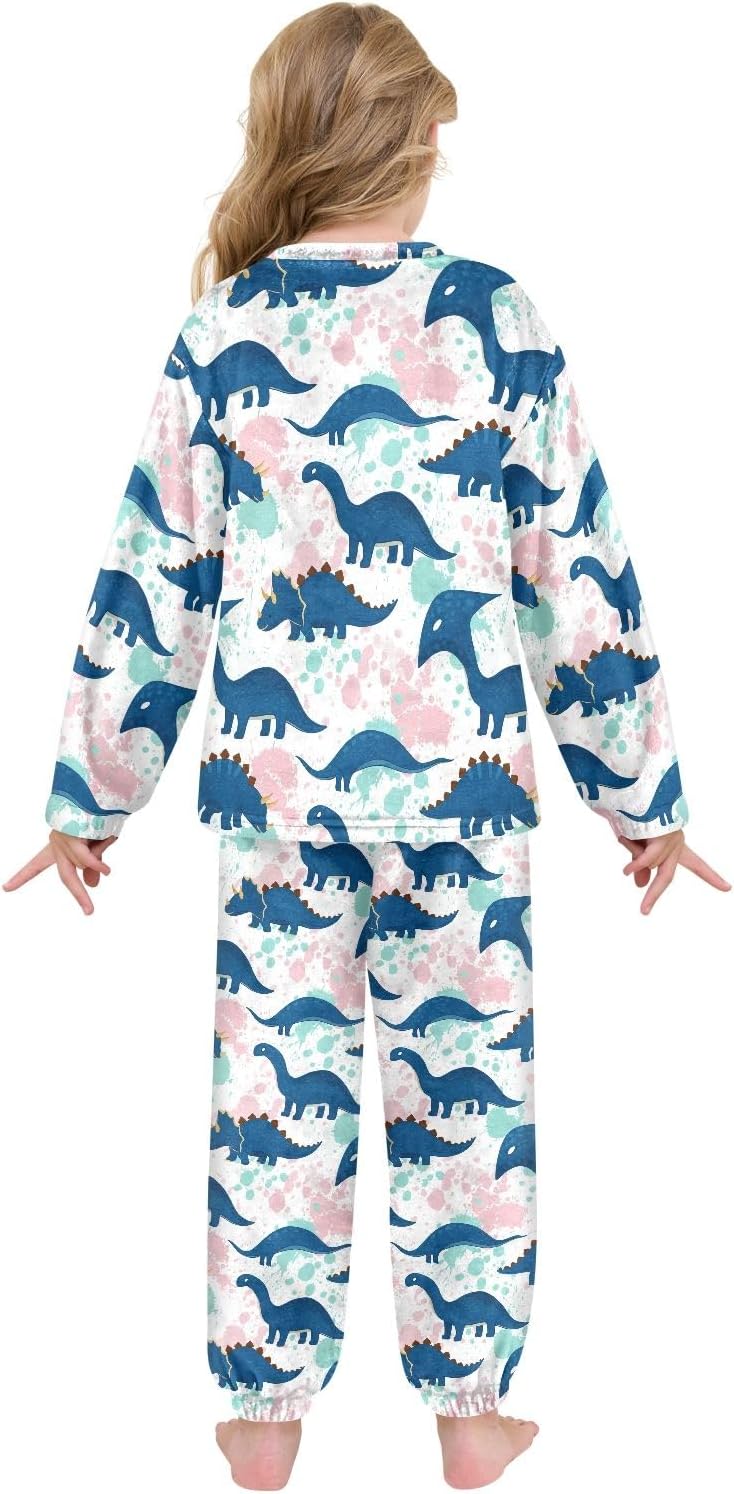 Cute Blue Dinosaurs Pastel Colors Plush Pajama Set Warm Coral Fleece Sleepwear