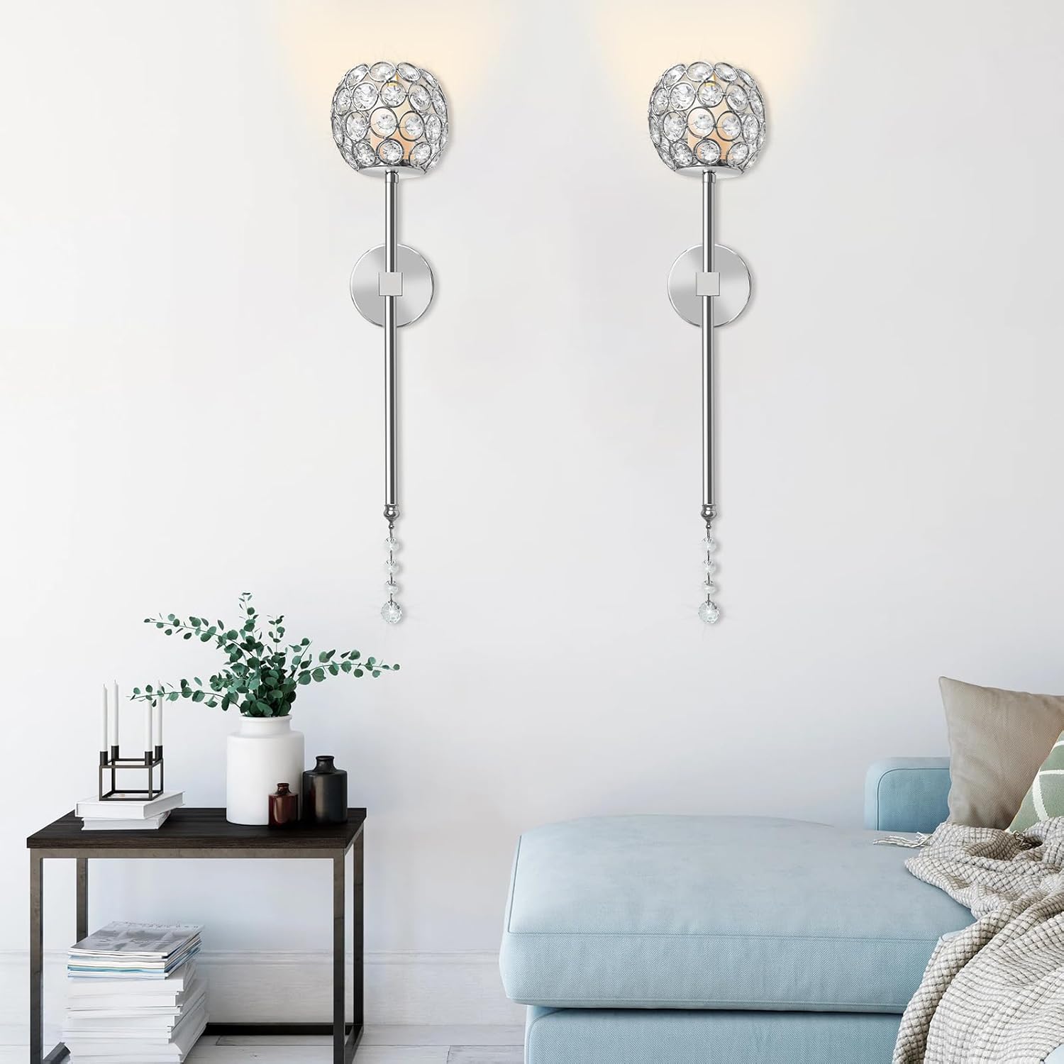 Crystal Candle Sconces for Wall Decorative Long Candle Holder Sconce Wall Art Home Decor for Bedroom Living Dining Room, Set of 2-Silver