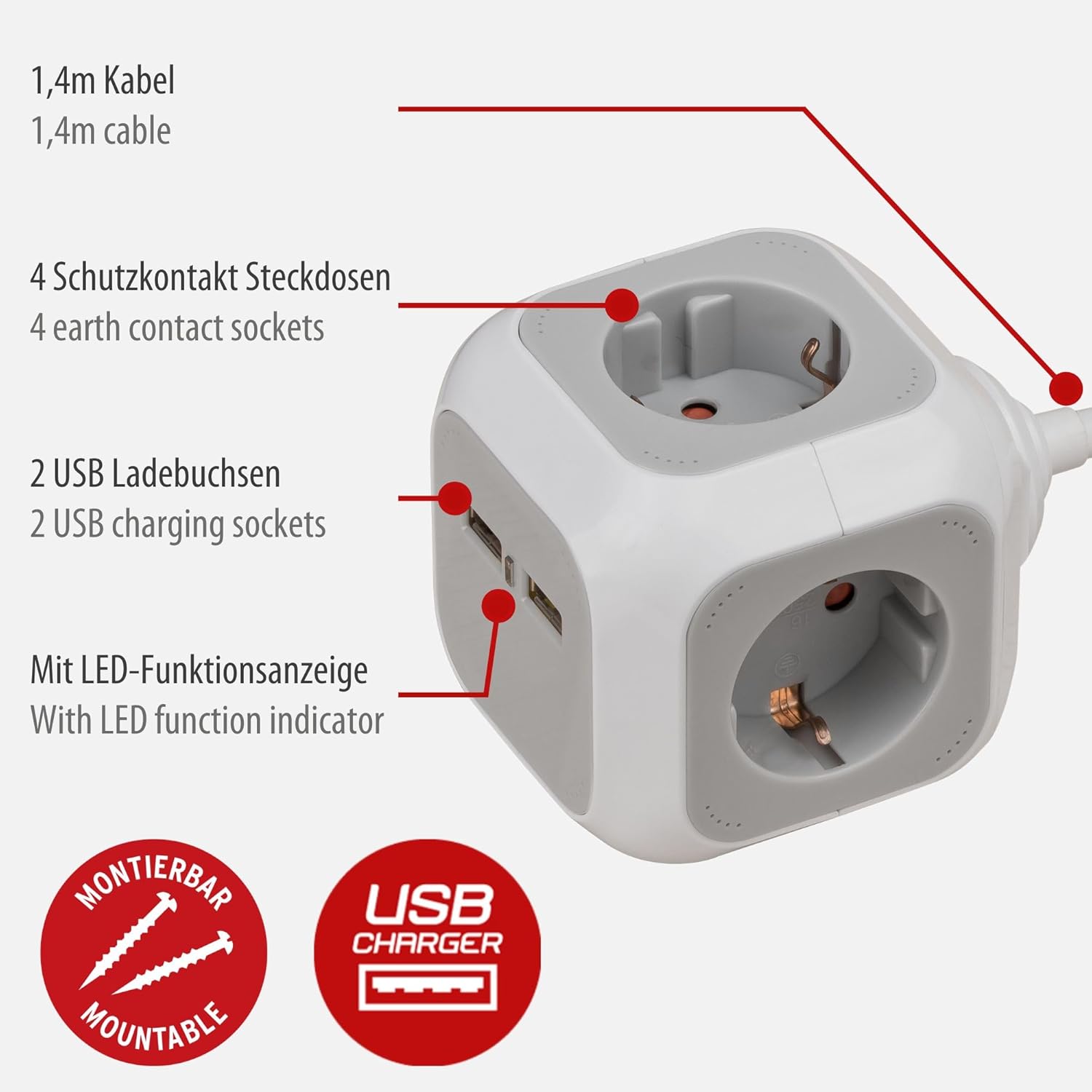 Brennenstuhl 1150100 Alea-Power Charger Block/Socket Cube 4-Way (2X USB, 1.4 m Cable and Child Protection) Grey