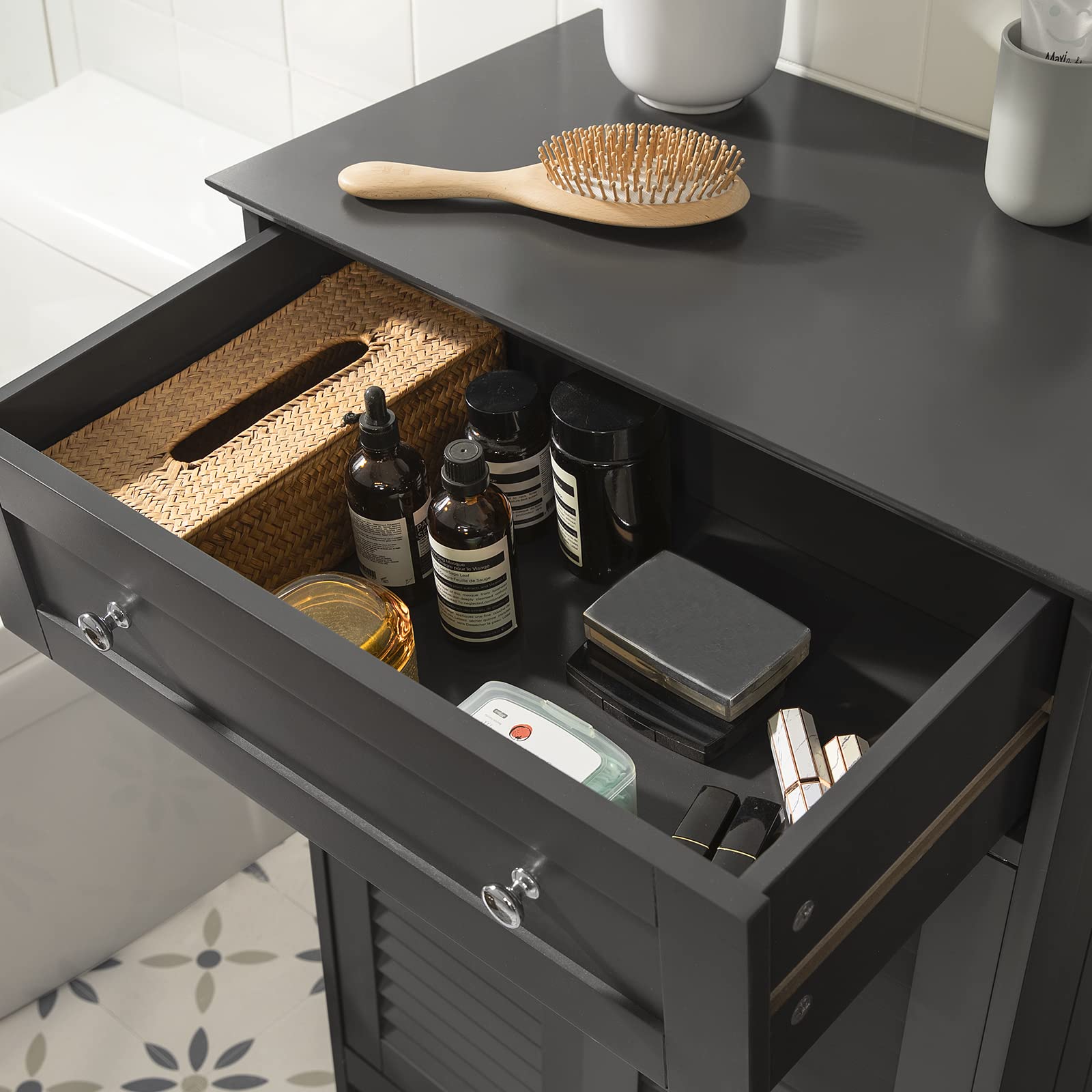 SoBuy Mueble Baño Auxiliar Mueble Versátil con Cajón 60x87x35cm Gris Oscuro | Armario de Baño, Resistente a la Humedad – Mueble Ahorraespacio para Baño, Pasillo, Cocina de Madera, FRG238-DG
