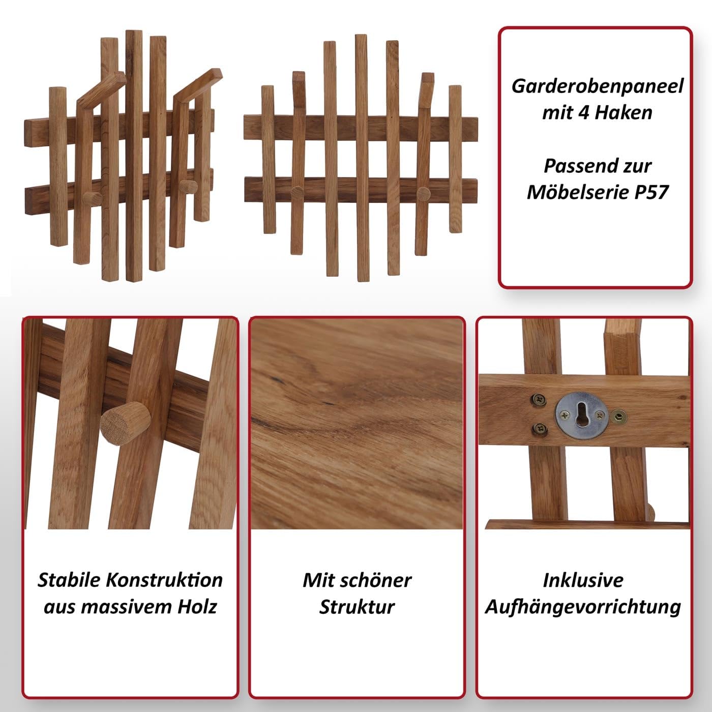 MCA Garderobenpaneel HWC-P57 Massiv-Holz 40x38cm Eiche