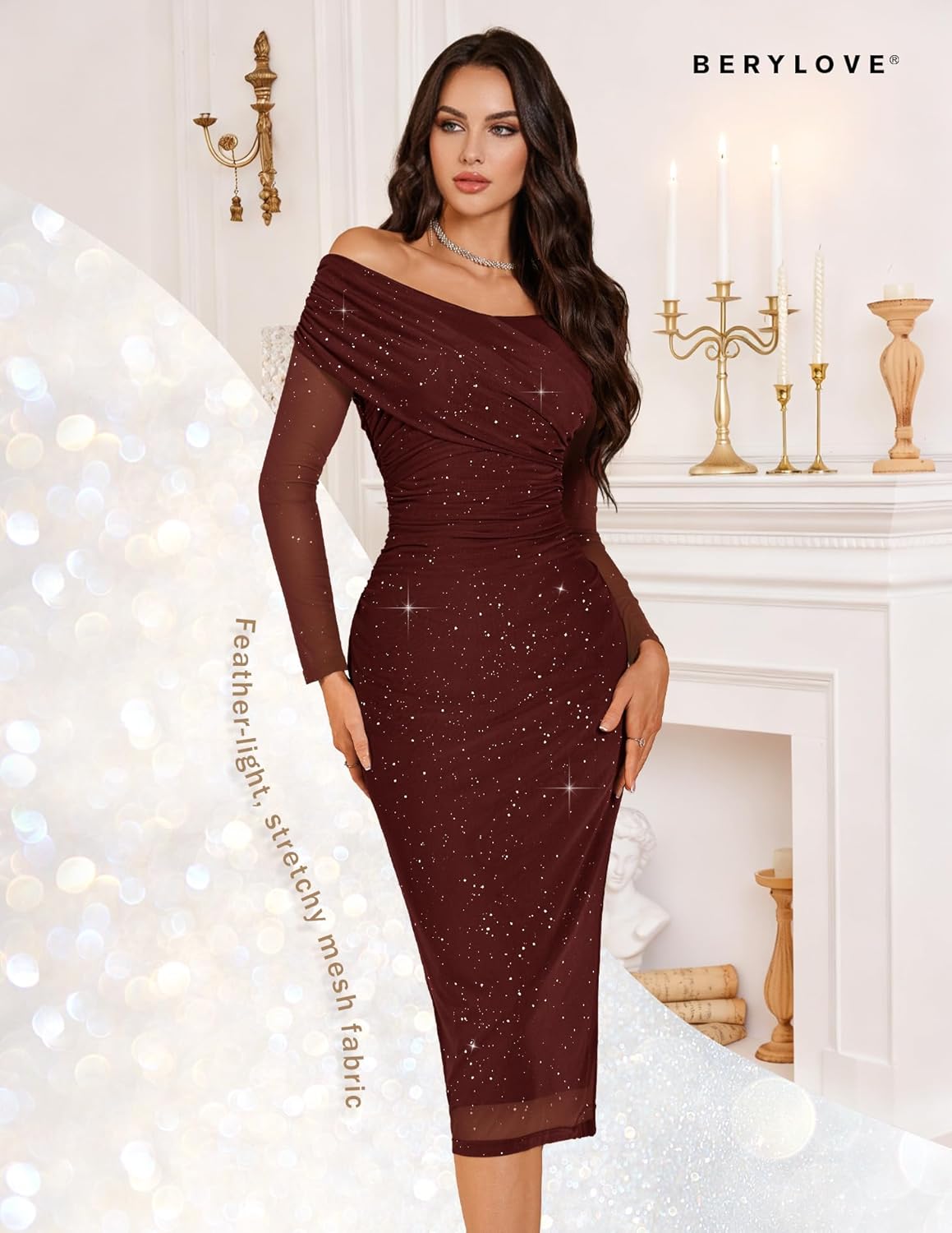 BeryLove Womens Sparkly Off Shoulder Formal Wedding Guest 2026 Cocktail Mesh Sequin Dress - Image 5