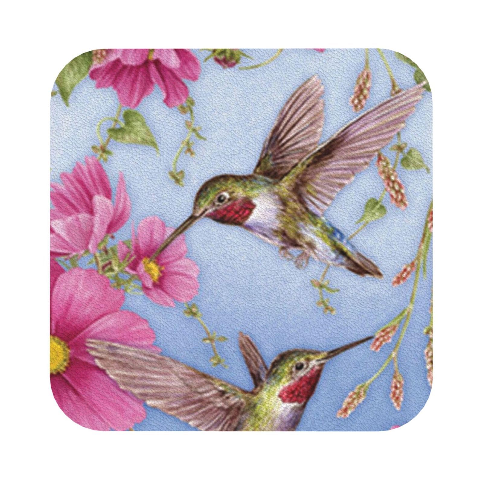 Humming birds With Pink PU Leather Coasters Set of 6 Square Drink Coasters