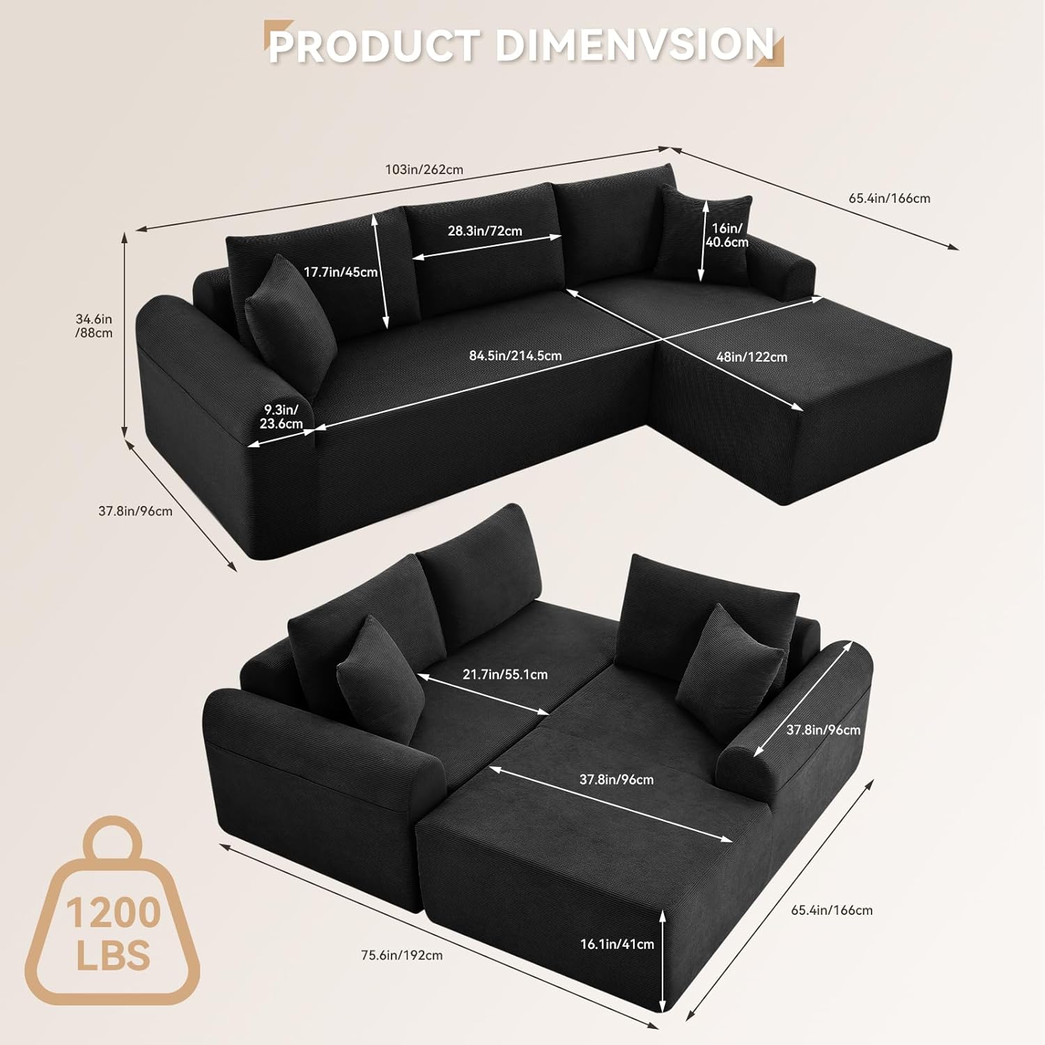 Modular Sectional Sofa with Chaise, Cloud Sectional Couch with Deep Seat, Modular L-Shape Sofa Corduroy Boneless Couch for Living Room,Bedroom,No Assembly Required(Black, Right Facing Chaise)