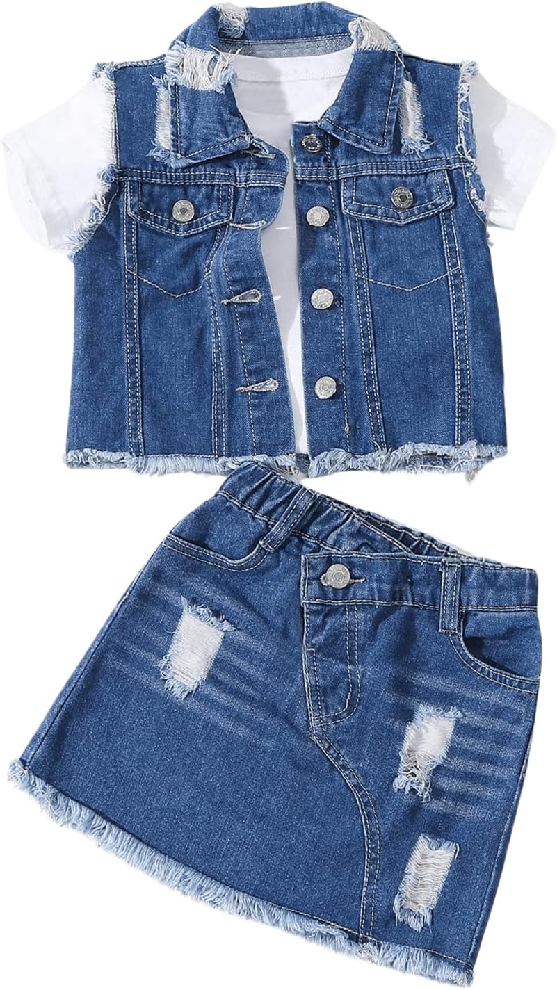 WDIRARA Girl's 2 Piece Outfit Ripped Raw Hem Denim Jacket and Mini Skirt Set