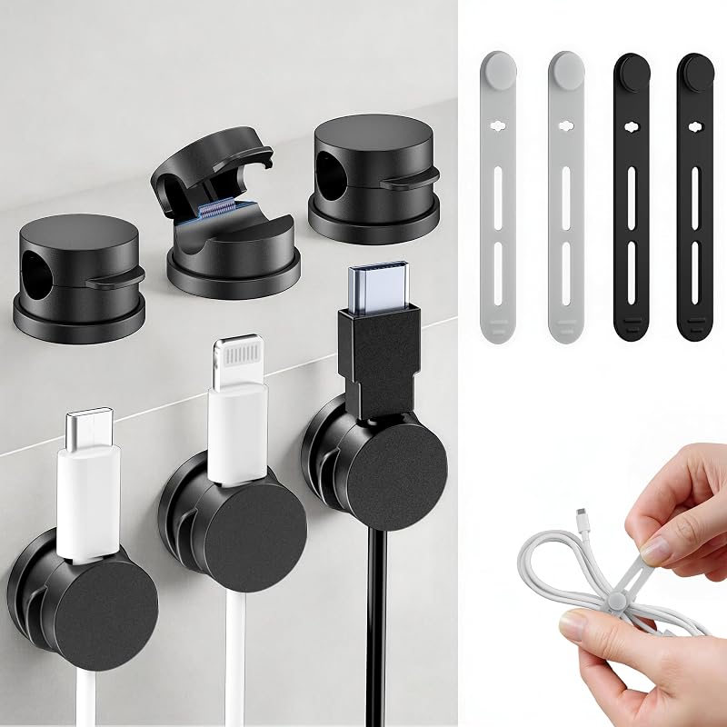 10 Pack Rotatable Cord Organizer & Silicone Cable Straps Set | Adhesive Cable Management Cord Organizer Straps, Cord Holder Accessories for Under Desk, Nightstand, Home and Office