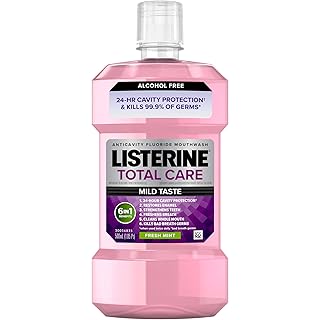 Listerine Total Care Alcohol Free Anticavity Fluoride Mouthwash, 6 Benefit Oral Rinse to Help Kill 99.9% of Germs That Cause Bad Breath, Strengthen Teeth, Restore Enamel, Fresh Mint Flavor, 500 mL