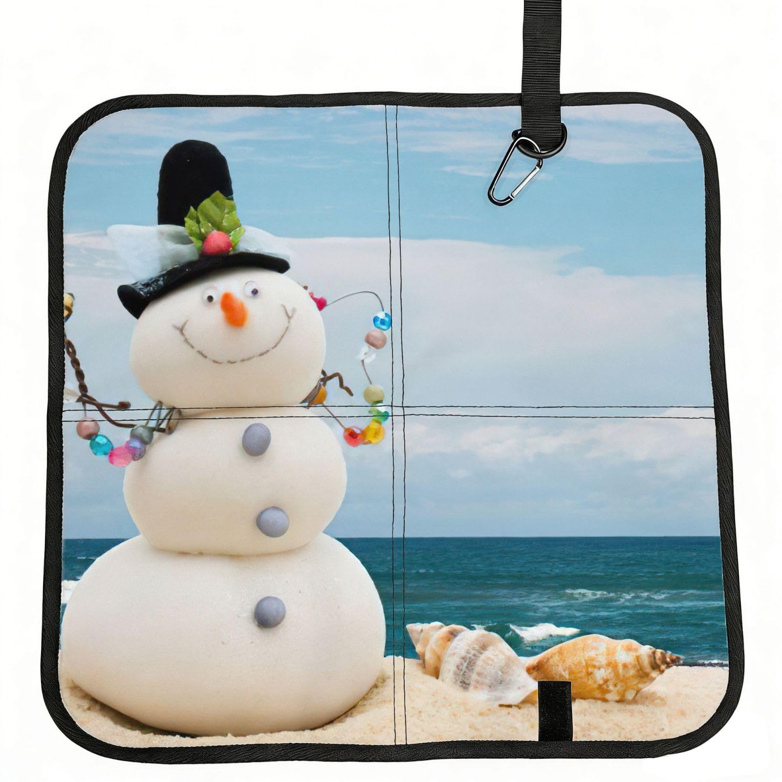 bghdfa Snowman With Seashells Sitting On Sandy Beach Print Outdoor Sitting Mat Waterproof Oxford Cloth Seat Cushion Folding Foam Camping Seat For Picnic
