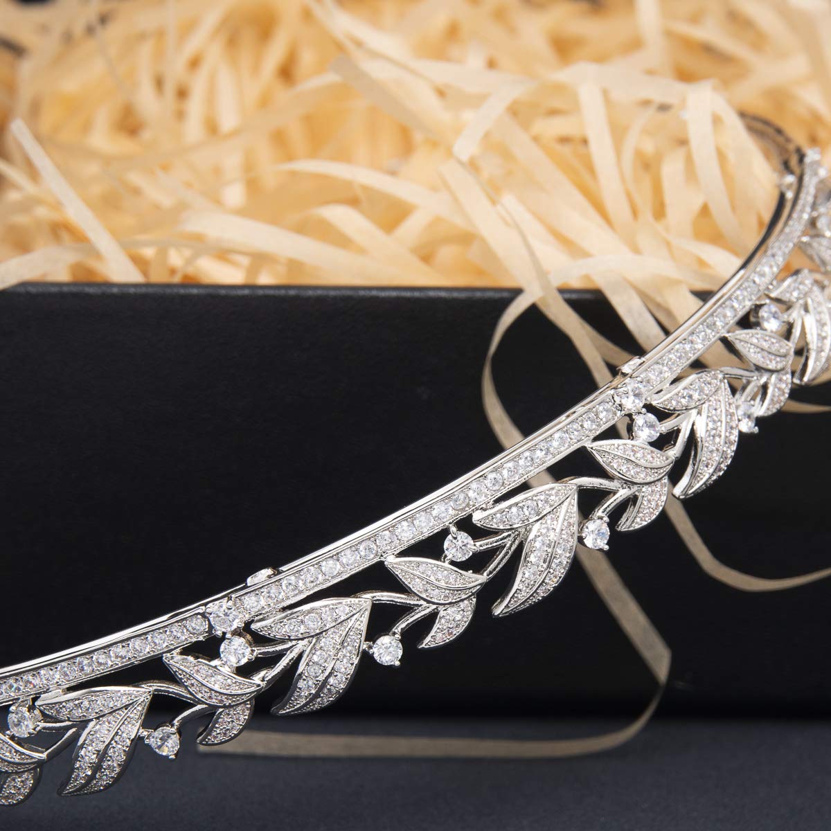 Zirkonia-Steinband für Hochzeit, Prinzessinnen-Diadem für Braut, Abschlussball, Haarschmuck in Kupfer, mit Zirkonia-Blättern, für Frauen
