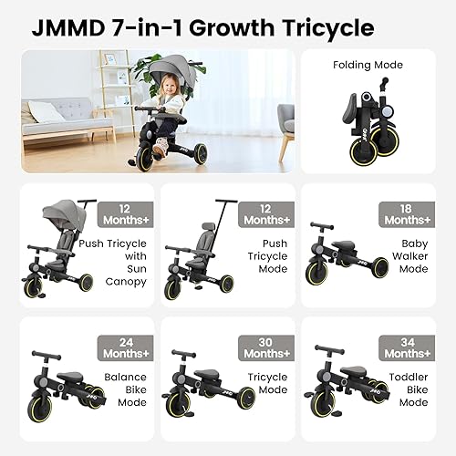 Miniatura 2 de JMMD Triciclo para bebé, 7 en 1 multifuncional para niños con mango ajustable para padres, arnés de seguridad y frenos de rueda, toldo extraíble,