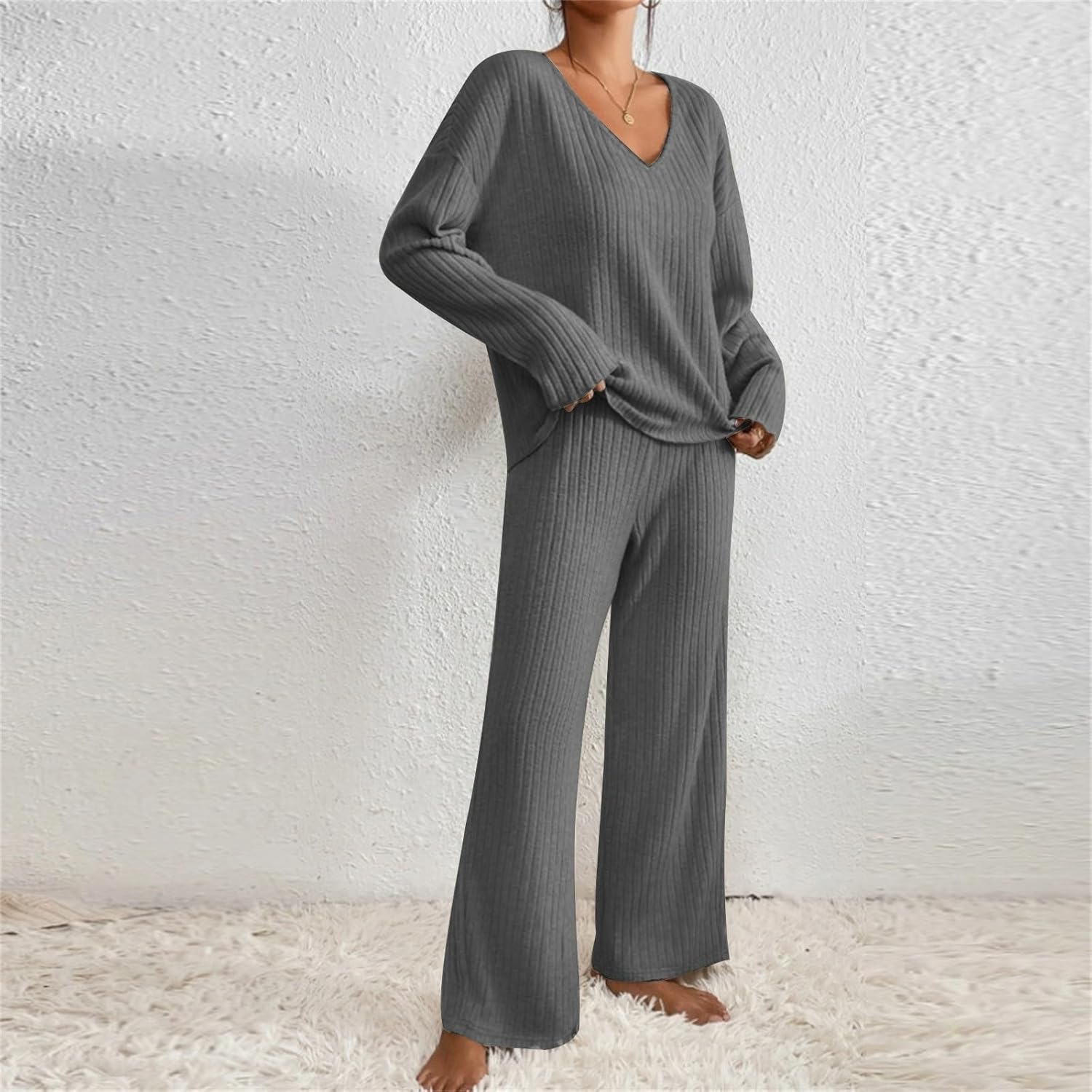 2 Piece Outfits for Women Knit Sweater Long Sleeve V-Neck Tops and Wide Leg Pants Ribbed Fall Lounge Set Loungewear