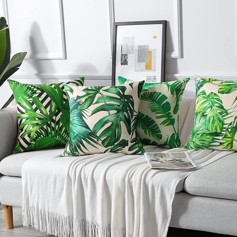 Artscope 4 Piezas Impermeables Funda de Cojines, de Exterior Funda de Almohada Cuadrado para Patio Balcón Jardín Sofá Oficina Hogar Decorativas 45x45cm, Plantas Tropicales 3