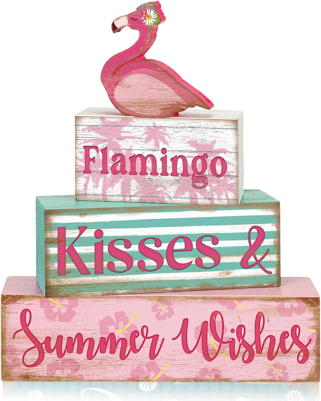 4 Pcs Summer Wooden Tiered Tray Decor Farmhouse Rustic Table Decor Books Stack Block Signs for Table & Home Office Decorations(Flamingo Style)