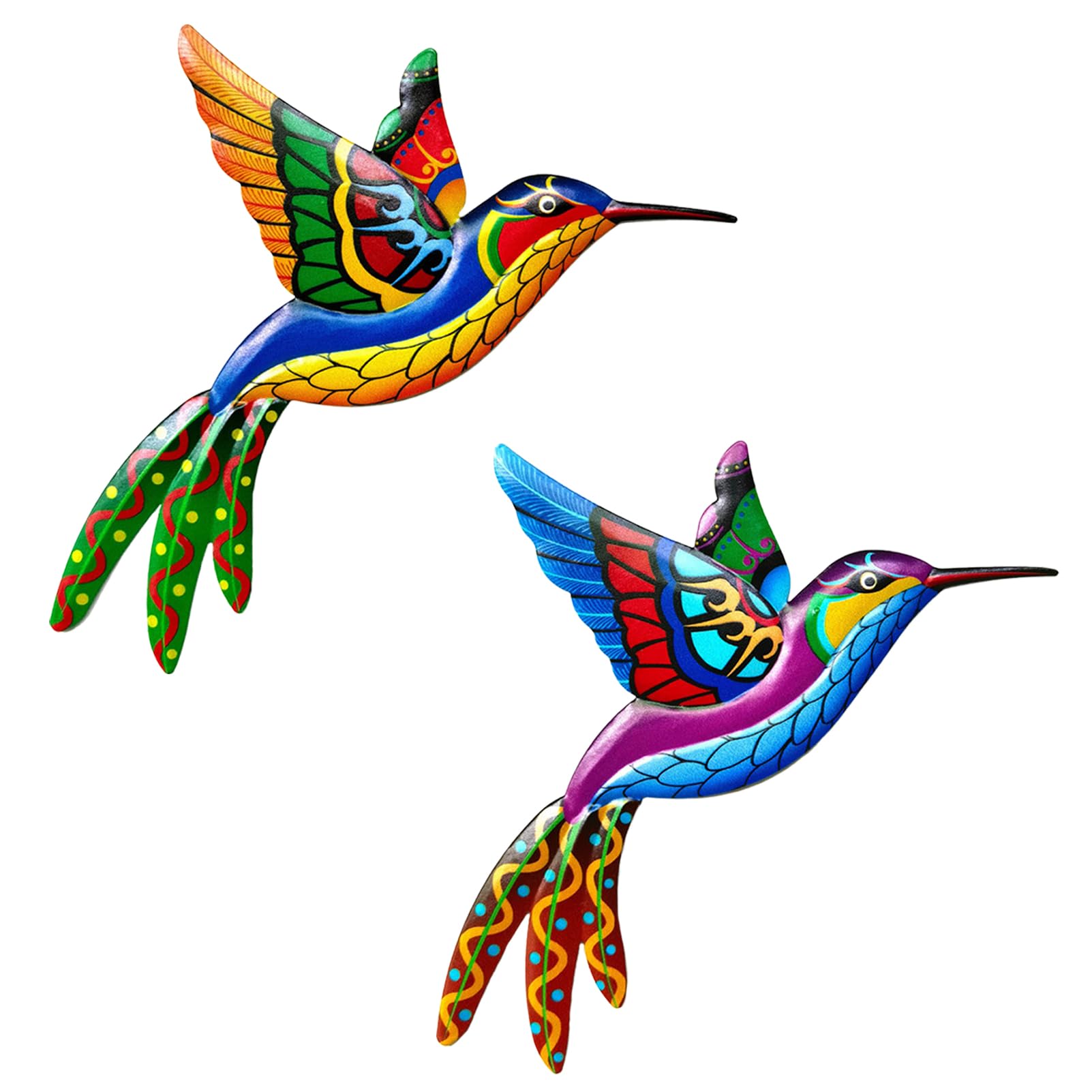 LWINGFLYER Metal Hummingbird Wall Decor Wrought Iron Colorful Hummingbird Wall Hanging 3D Colorful Birds Outdoor Wall Art for Garden Balcony Porch Charm Decorate Your Backyard Patio Fence (2PCS)