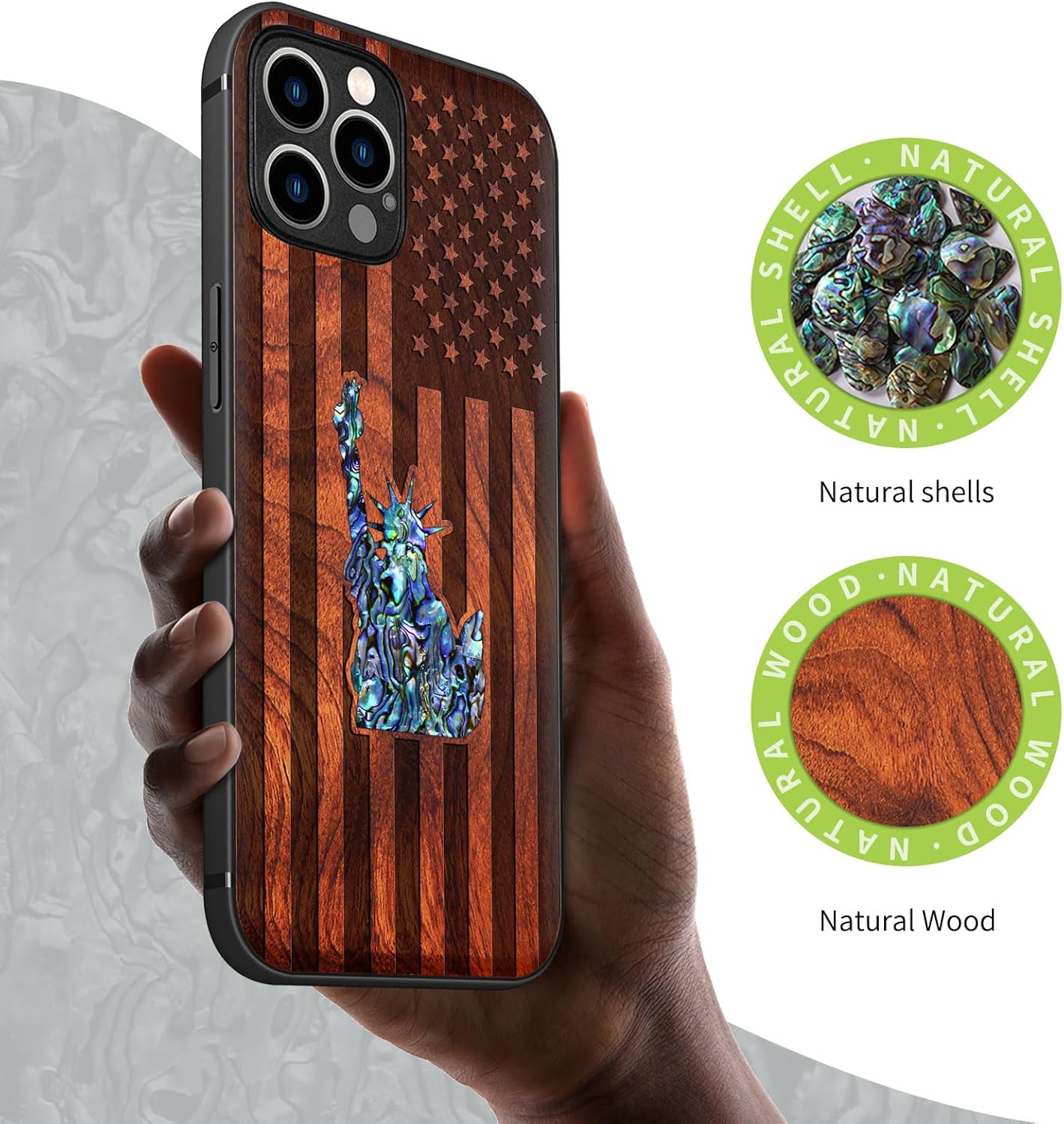 Carveit Designer Wooden Protective Case for iPhone 12 Pro Max Magnetic Cover [Wood Engraving & Shell Inlay] Compatible with 12 Pro Max MagSafe (Statue of Liberty and Flag-Rosy)
