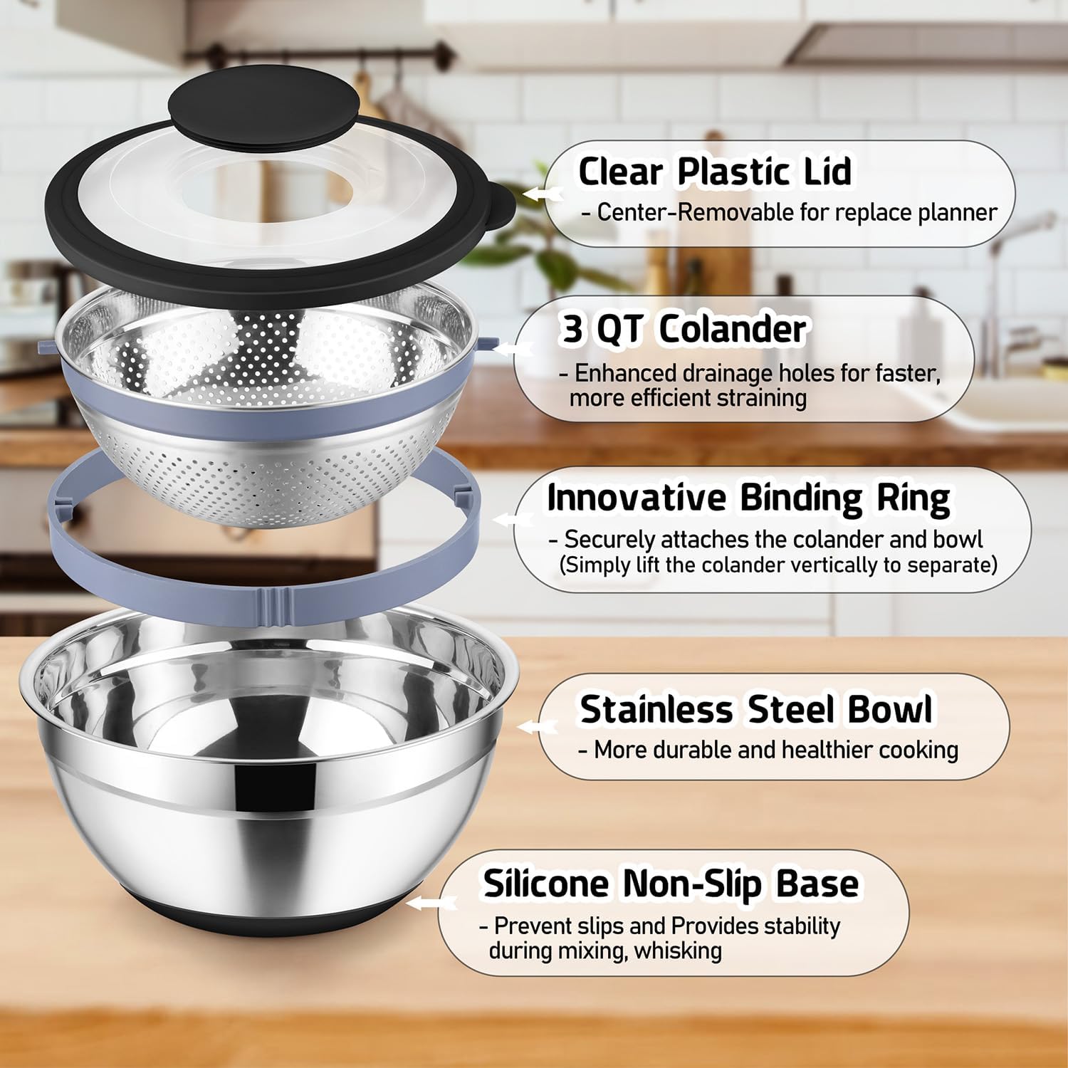 Vesteel Colander with Mixing Bowl Set, 4 in 1 Stainless Steel Food Strainer with Airtight Visible Lid and 3 Graters, Multifunctional Kitchen Prep Bowls for Washing/Draining/Mixing/Grating - Black