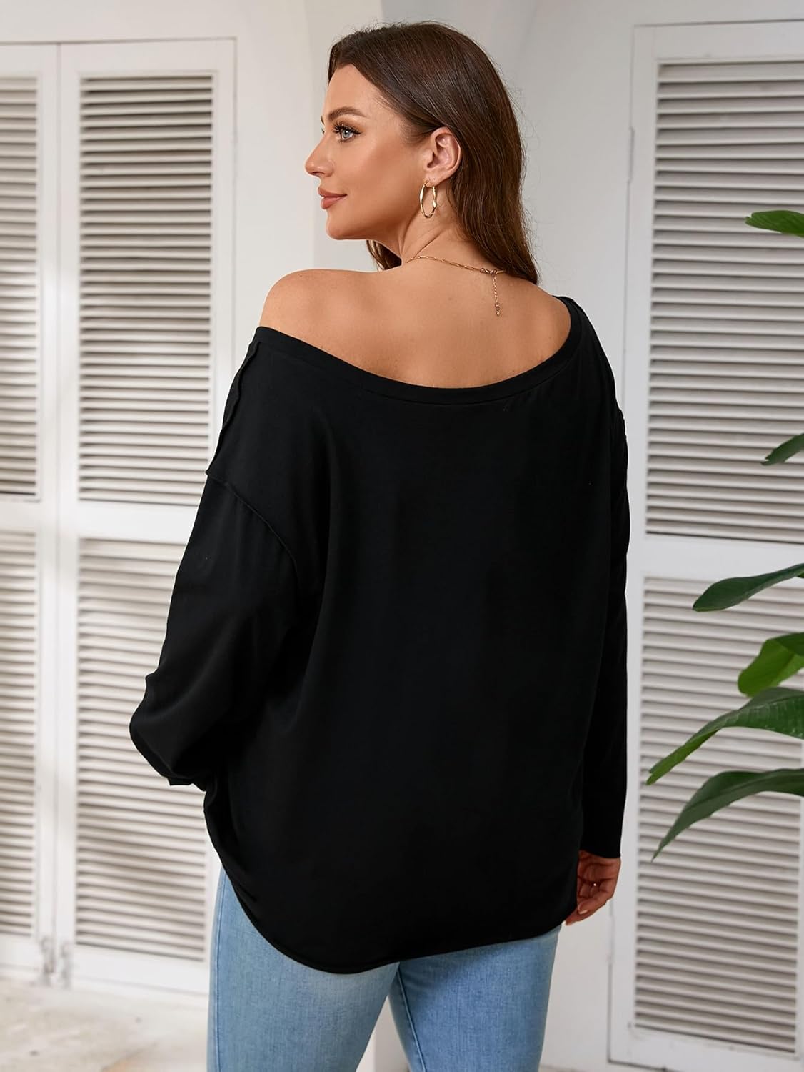 SOLY HUX Women's Plus Size Off The Shoulder Tops Long Sleeve Shirts Oversized Pullover Tee Tops - Image 2