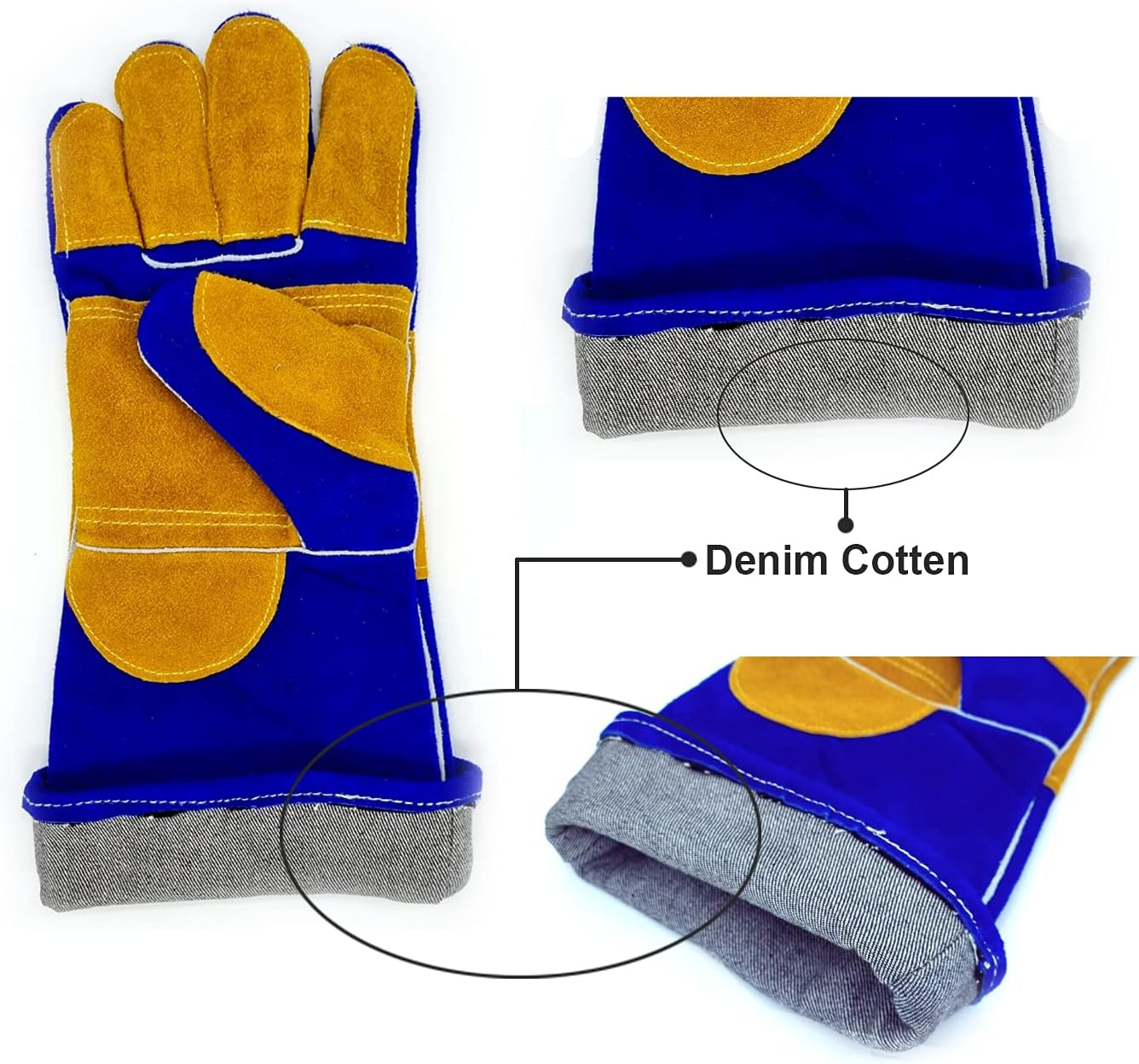 TULGIGS 16inches 932℉ Premium Leather Welding Gloves Gauntlets Extreme Heat & Abrasion Resistant BBQ Grilling Leather Welders Glove Mitts With Reinforced Thumb Strap (Blue) - - 