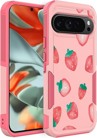 for Google Pixel 9 Pro XL & 10 Pro XL Case Cute Flowers Floral Design for Girls Women Slim Soft TPU Bumper Shockproof Silicone Cell Phone Cover Pink Strawberry