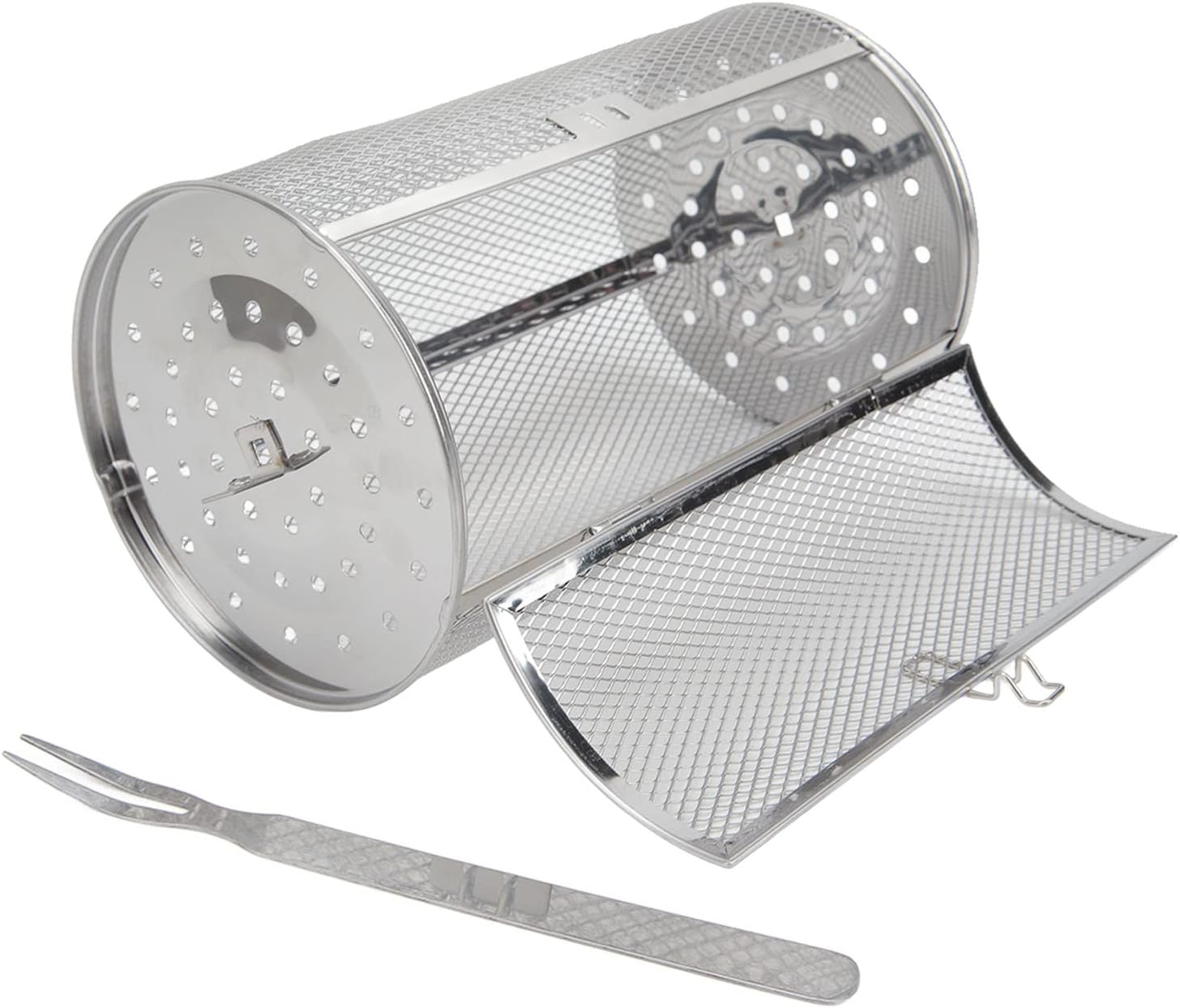 Tyenaza Rolling Grill Basket, Stainless Steel BBQ Rolling Basket Fork Wire Mesh Cylinder Grill Basket Portable Outdoor Camping Non-Stick Barbecue Bag for Camping Picnic Party (Long 23CM)