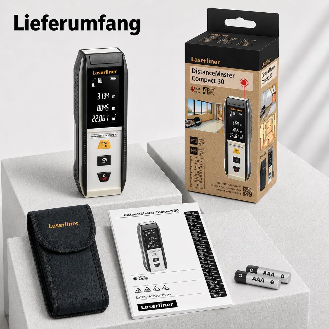 Laserliner DistanceMaster Compact 30 - Telémetro láser (hasta 30 m, medición de Longitud/área/Volumen, medición Continua, Memoria de 50 valores, Incluye Bolsa) | Rango de medición de 30 m, medidor digital, medición de longitud/área/volumen
