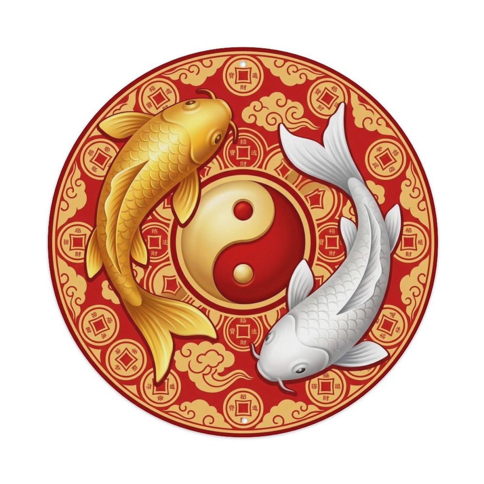 Olyhtr 8X8inch Classic Style Tai Chi Koi Fortune Prosperity Balance Classic Metal Tin Sign