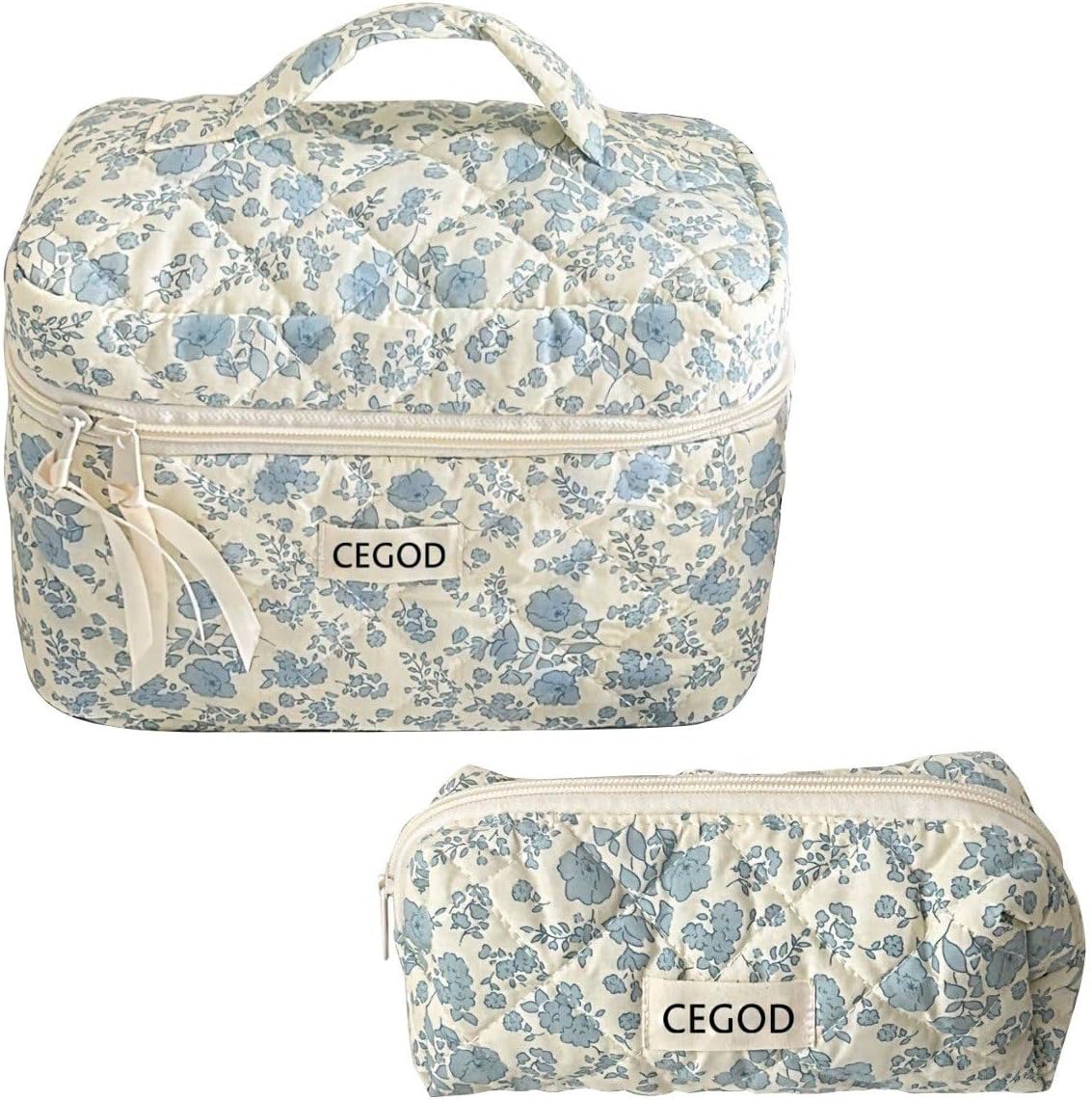 Quilted Blue Makeup Bag Set Large, Medium & Small