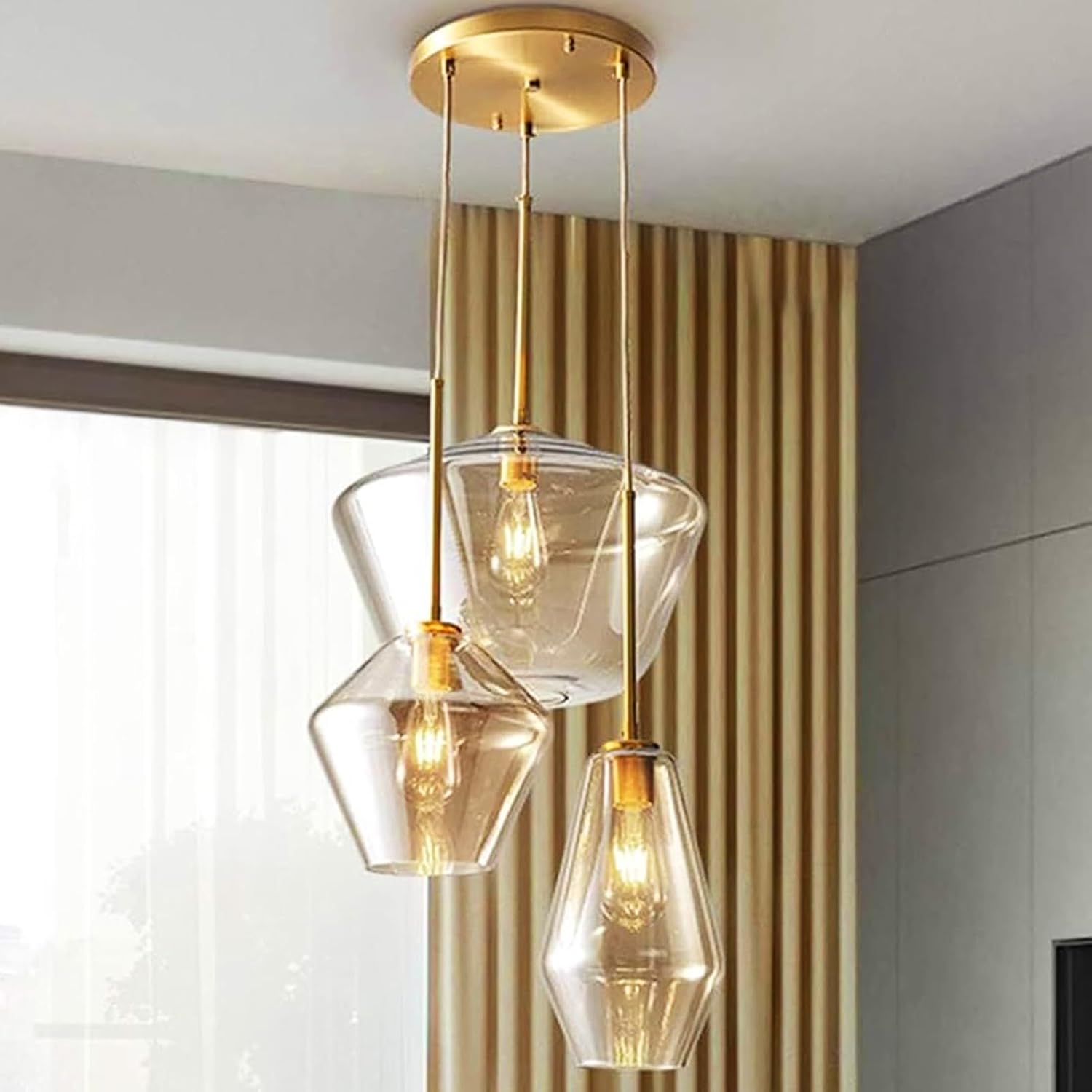 3 Heads Glass Pendant Light Modern Flush Mount Ceiling Hanging Light Fixture Unique Glass Chandelier for Kitchen Hotel Coffee Bar Dining Room