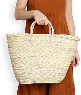 FRENCH BASKET with double flat leather handles, straw bag, beach bag, basket bag, straw basket, shopping basket, wicker basket with handle, wicker basket (Brown)