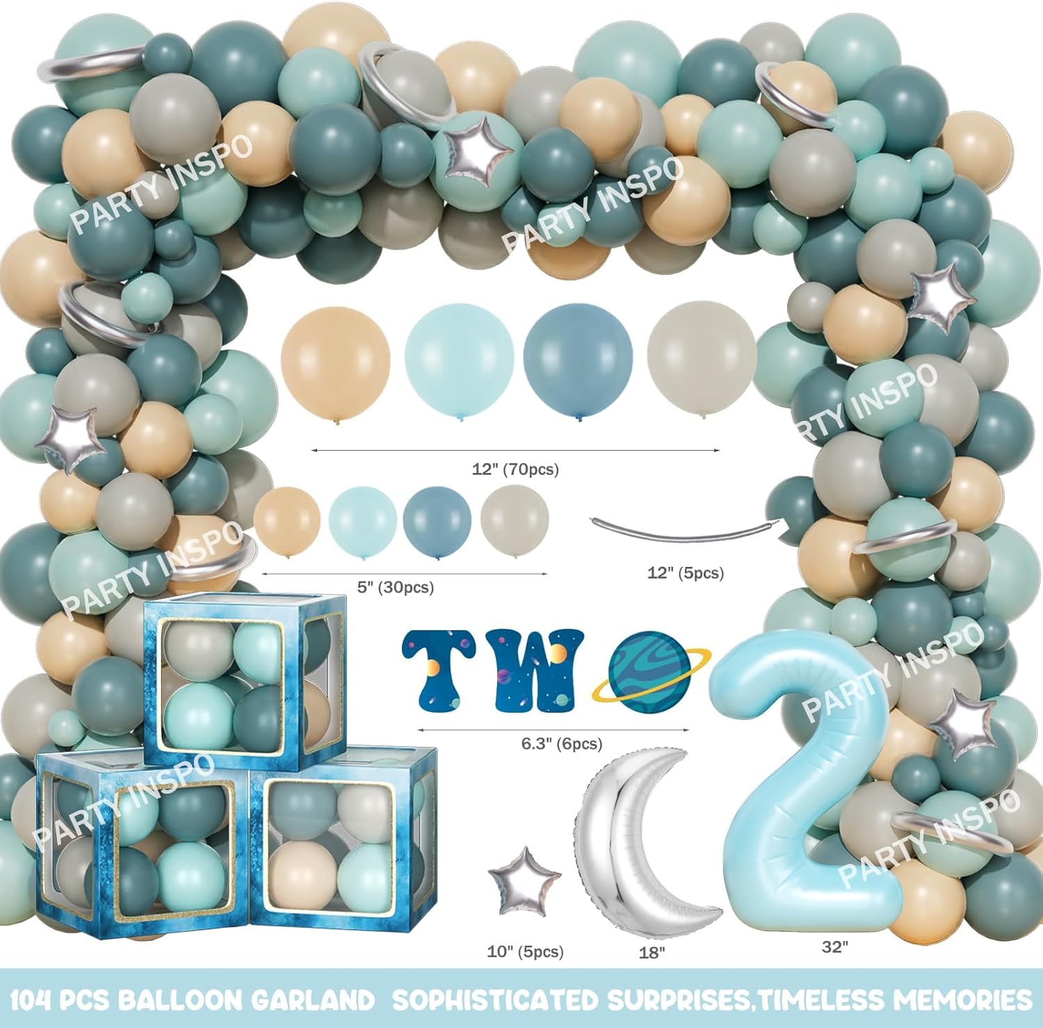 Party Inspo Two the Moon Birthday Boy – 114 PCs Outer Space 2nd Birthday Party Supplies with Backdrop, Balloons, Tablecloth, Cake Topper, Number 2 Foil Balloon, Crown, Poster