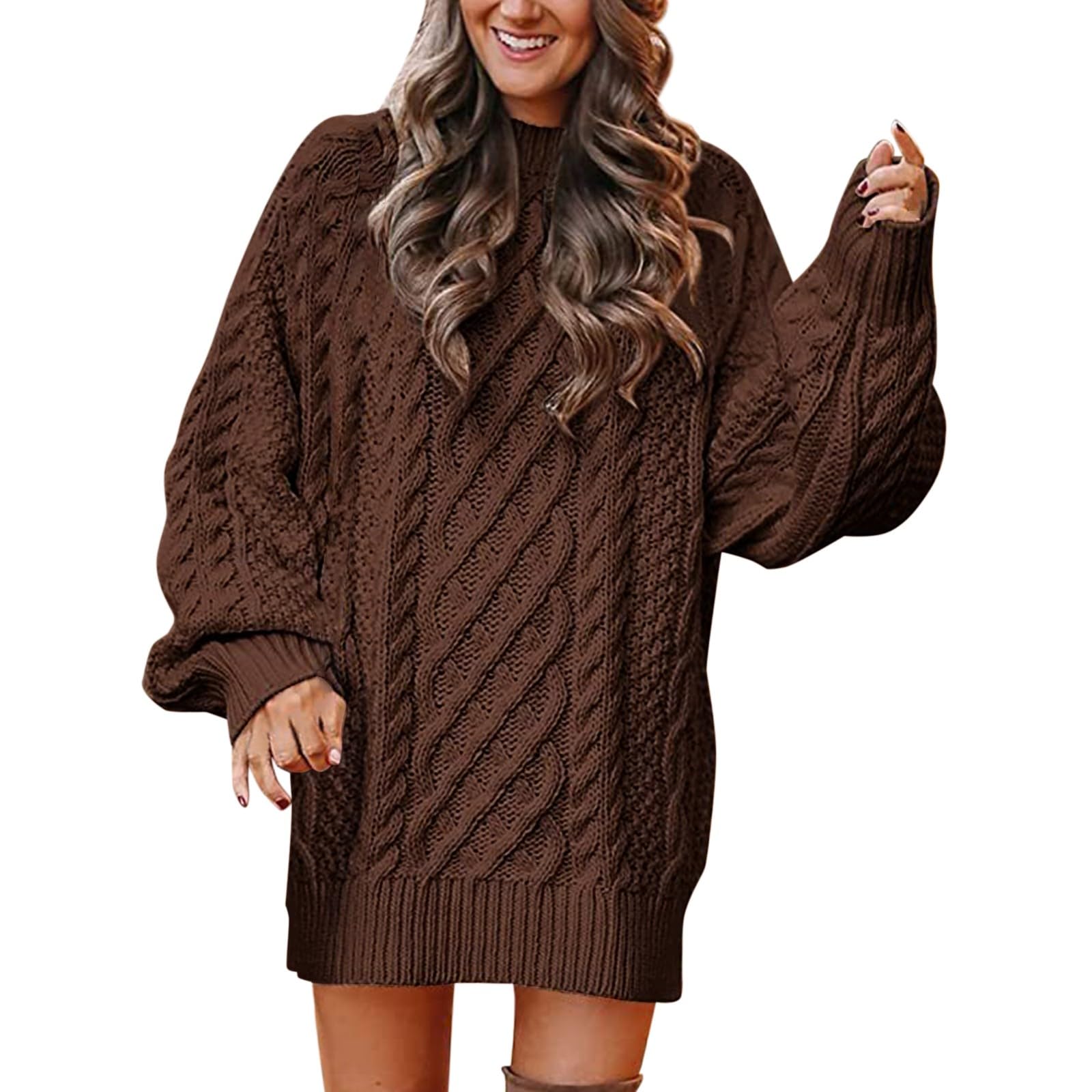 Womens Oversized Mini Sweater Dress Casual Trendy Mock Neck Long Sleeve Soft Cable Knit Chunky Tunic Pullover Tops