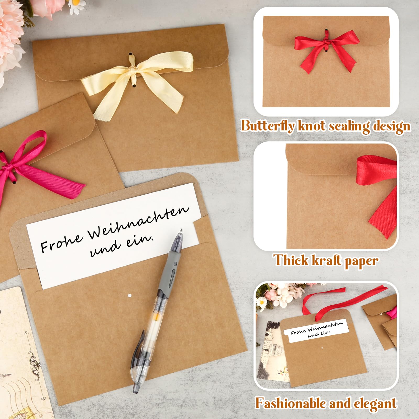 20 Pcs Brown Kraft Paper Envelopes with Ribbon, Vintage Bow for Invitations Greeting Cards, Festival Cards (17 x 12.3cm) - Image 3