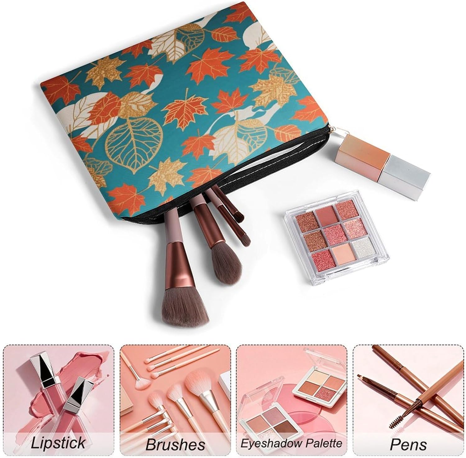 Blue Orange Maple Aesthetic Makeup Bag Cosmetic Bag with Zipper image 3