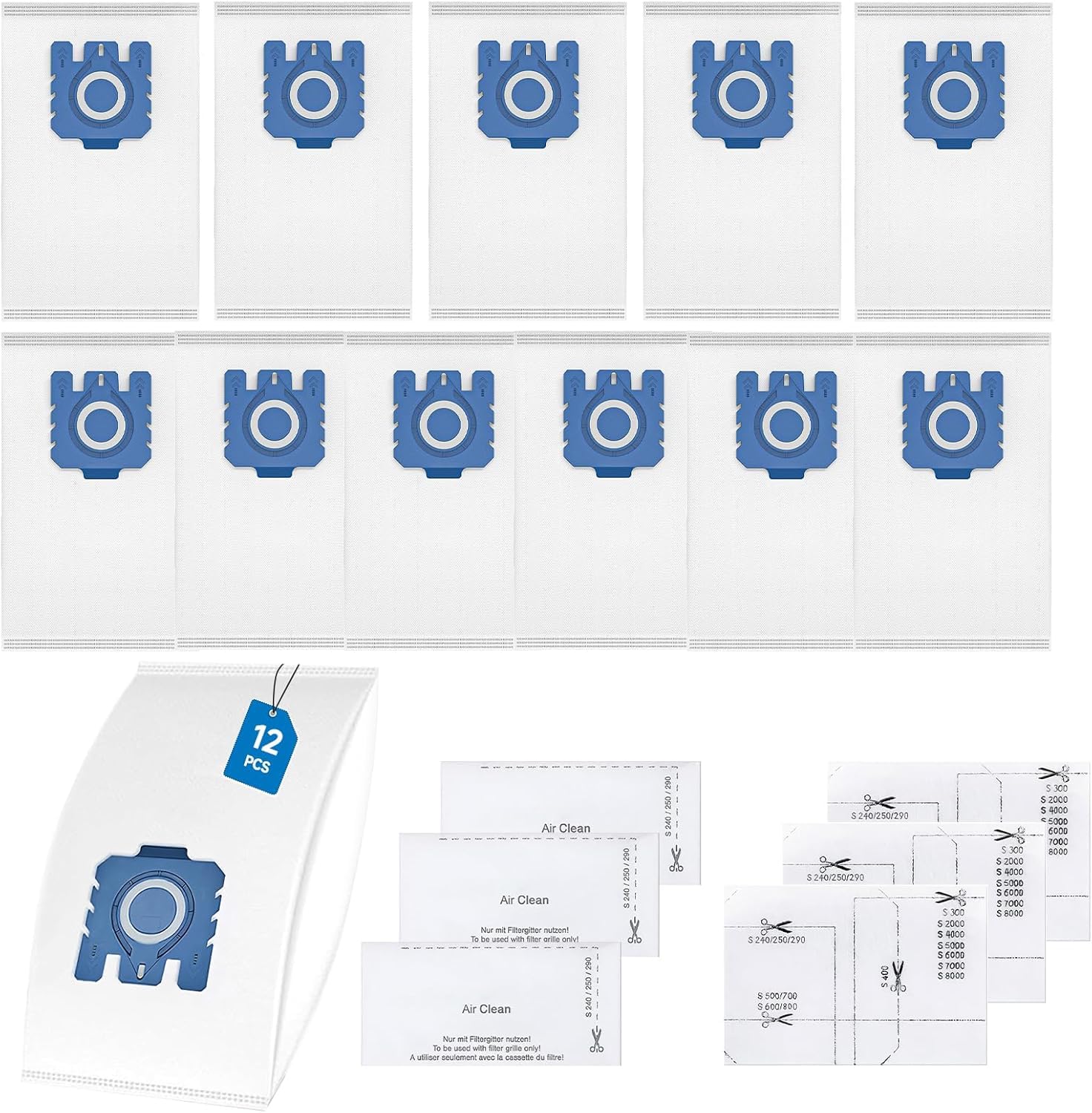 12 sztuk worków na kurz 3D Airclean kompatybilne z Miele Hoover GN Efficiency worki do odkurzacza Miele Complete C3 Complete C2 Classic C1 S2 S5 S8 S400 Series z 6 filtrami 9917730