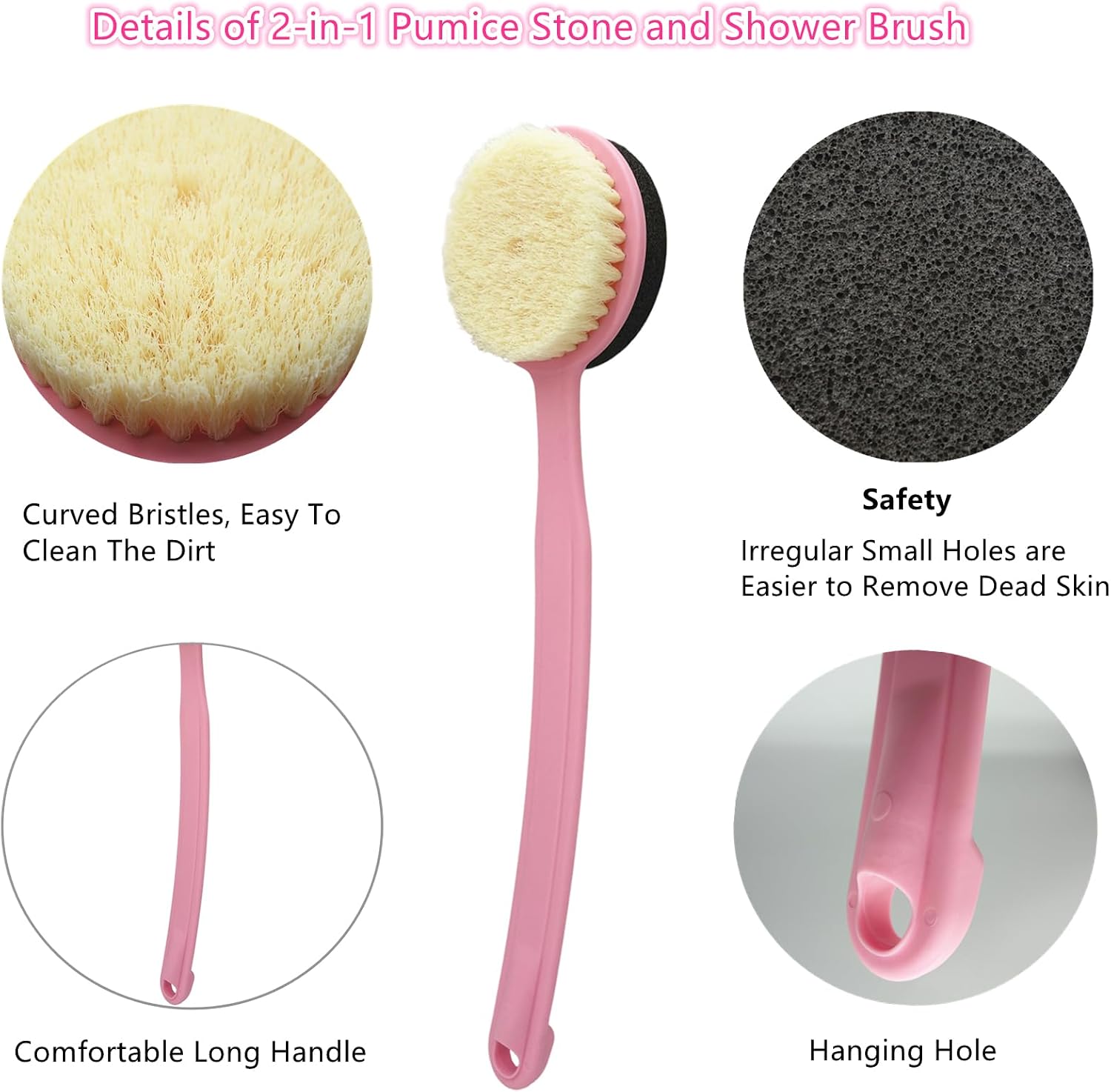 Pumice Stone Brush for Feet with 13.7" Long Handle, 2-in-1 Shower Foot Scrubber Callus Remover Pedicure Tool, Dead Skin Remover, Back Scrubber Body Brush for Shower Deep Cleansing, Pink