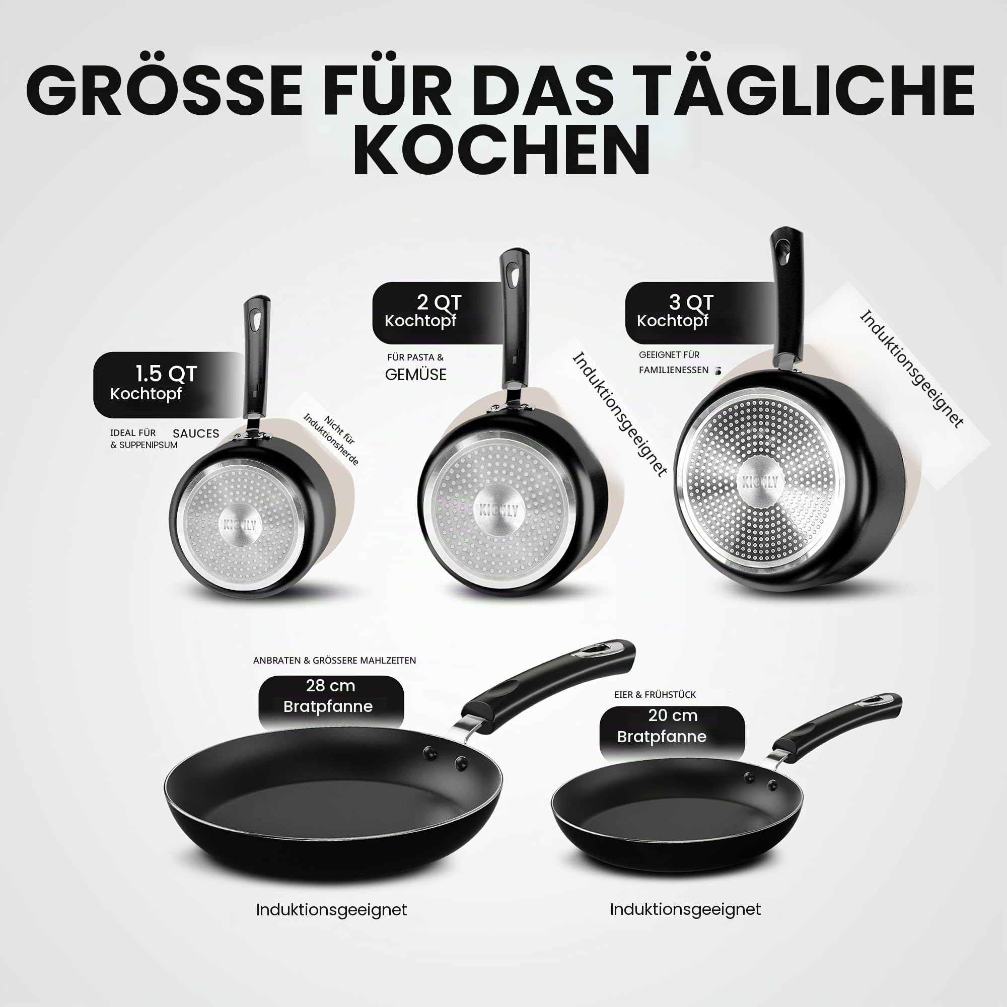 KICHLY 8-teiliges Topf- und Pfannenset, antihaftbeschichtet, Küchen-Kochgeschirr-Set, Induktions-Bratpfannen 20 cm, 28 cm, Stielkasserolle mit Deckeln 20 cm, 18 cm, Stielkasserolle 16 cm, Töpfe und