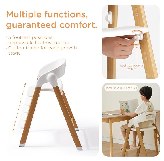 KUB High Chair for Babies and Toddlers Adjustable Foldable Convertible 5 Point Harness Easy Clean Wood-Printed Metal with Removable Tray Baby Highchair for Family (White&Natural Wood-Printed Metal)
