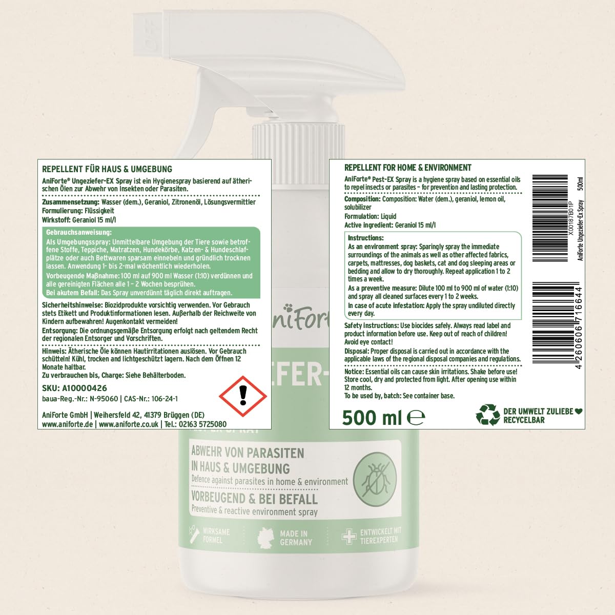 AniForte Ungeziefer-Ex Spray 500ml – Umgebungsspray bei akuten Befall gegen Mücken, Insekten, Milben, Läuse, Bettwanzen, Ungeziefer Spray für Zuhause, Hunde & Katzen Liegeplätze, Insektenspray Abwehr
