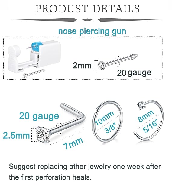 QWALIT 2pcs Nose Piercing Kit with Nose Rings and Disposable Piercing Gun