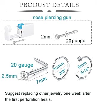 QWALIT 2pcs Nose Piercing Kit with Nose Rings and Disposable Piercing Gun