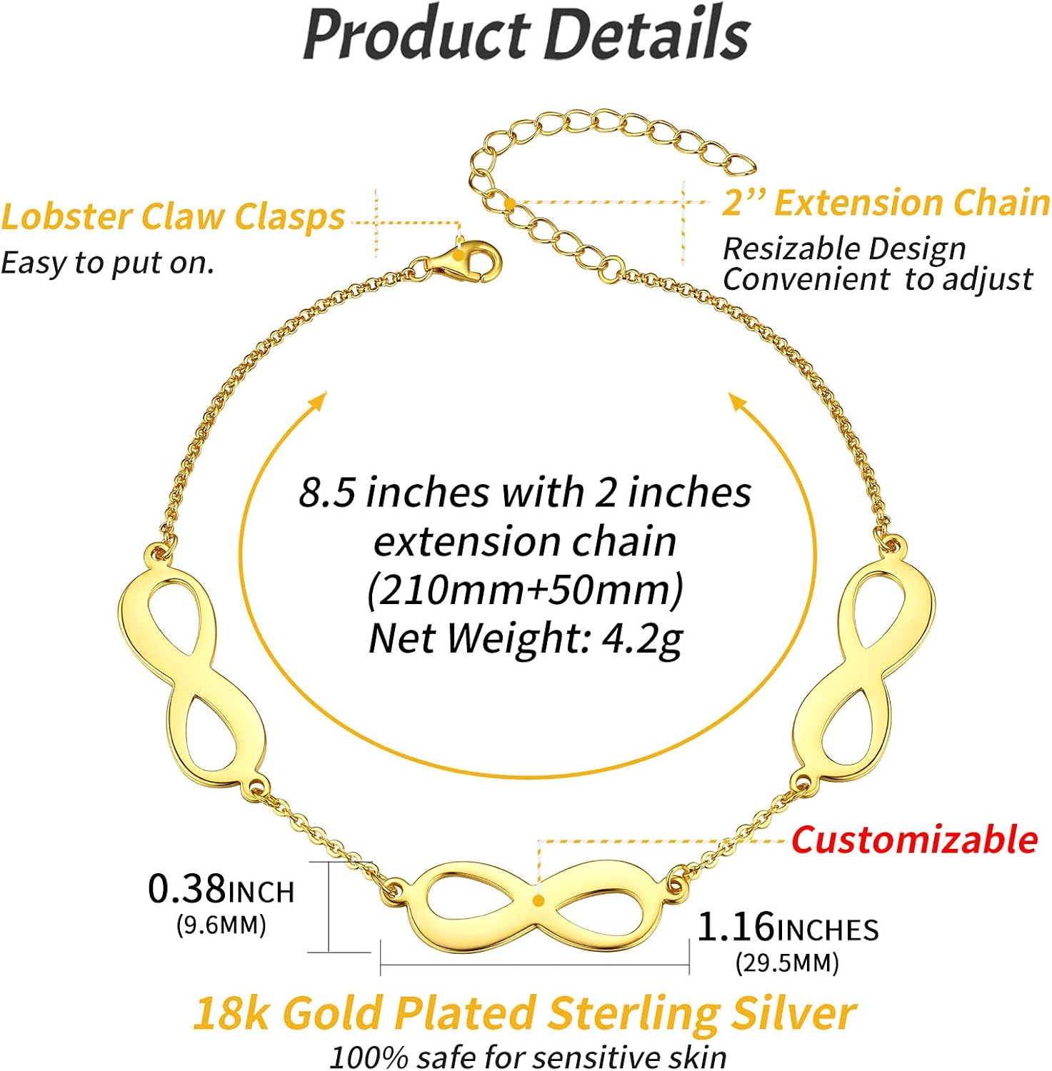 ChicSilver Personalized 925 Sterling Silver Infinity Anklets for Women, Dainty Beach Foot Jewelry (with Gift Box)