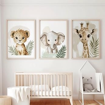 Xiyocadt Set of 3 Animal Poster Set Pictures for Children's Room Elephant - Giraffe - Lion Decor in Baby Room Safe and Odourless Modern Wall Pictures without Frame 30 x 40 cm